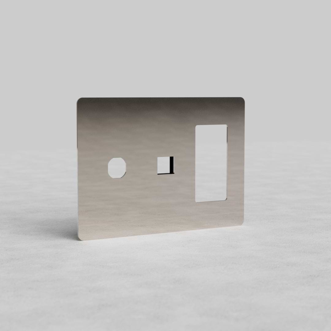 Polished Nickel 3G outlet, keystone, and switch plate (Kew US) with three precise cut-outs on a light background.