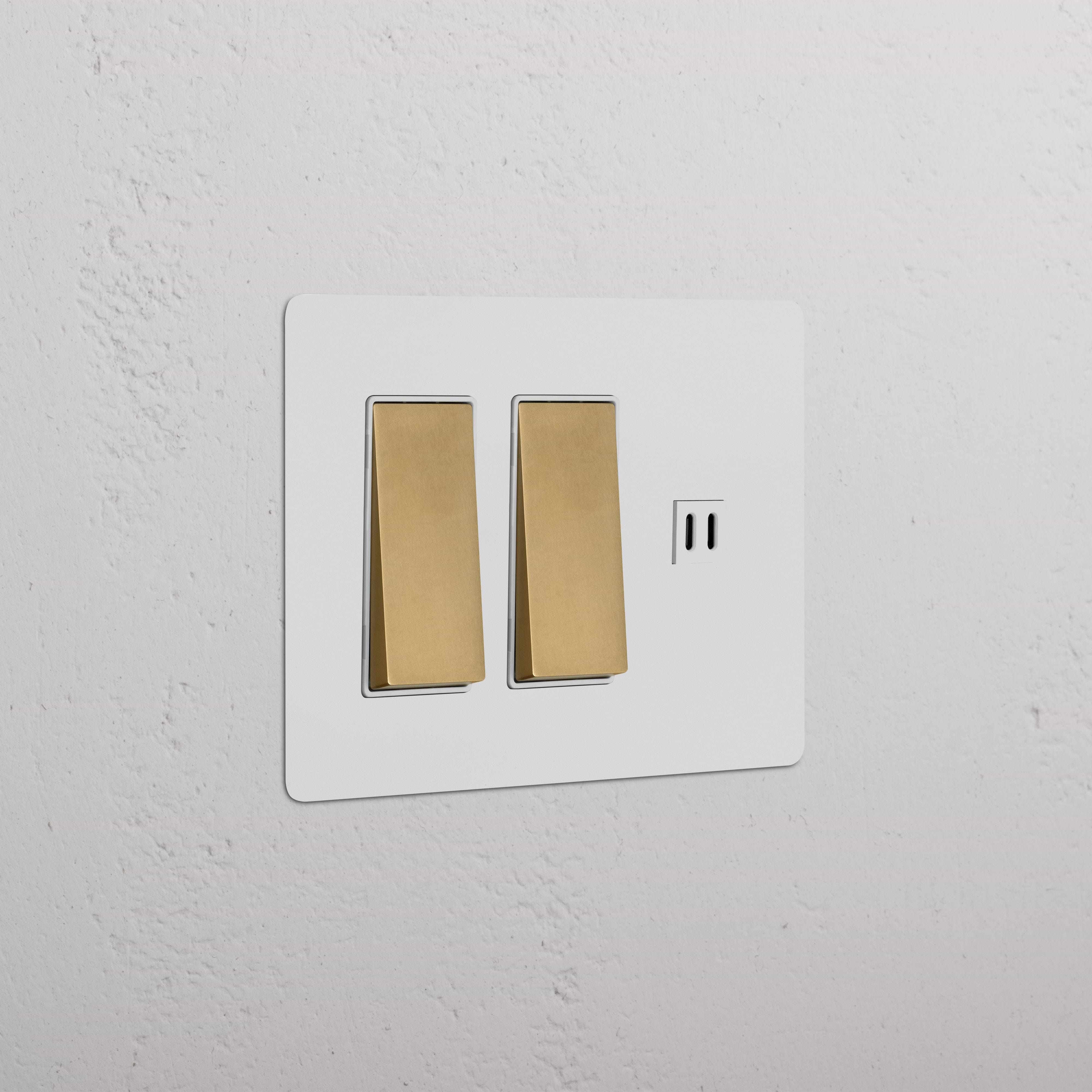 Kew 3G 2x rocker light switch with fast charge USB in paintable antique brass white, front view.