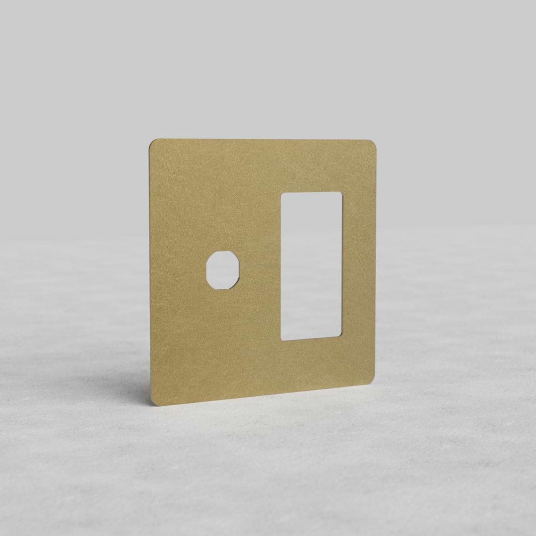 Antique brass 2G switch and outlet plate Kew US with rectangular outlet cutout and small round hole.