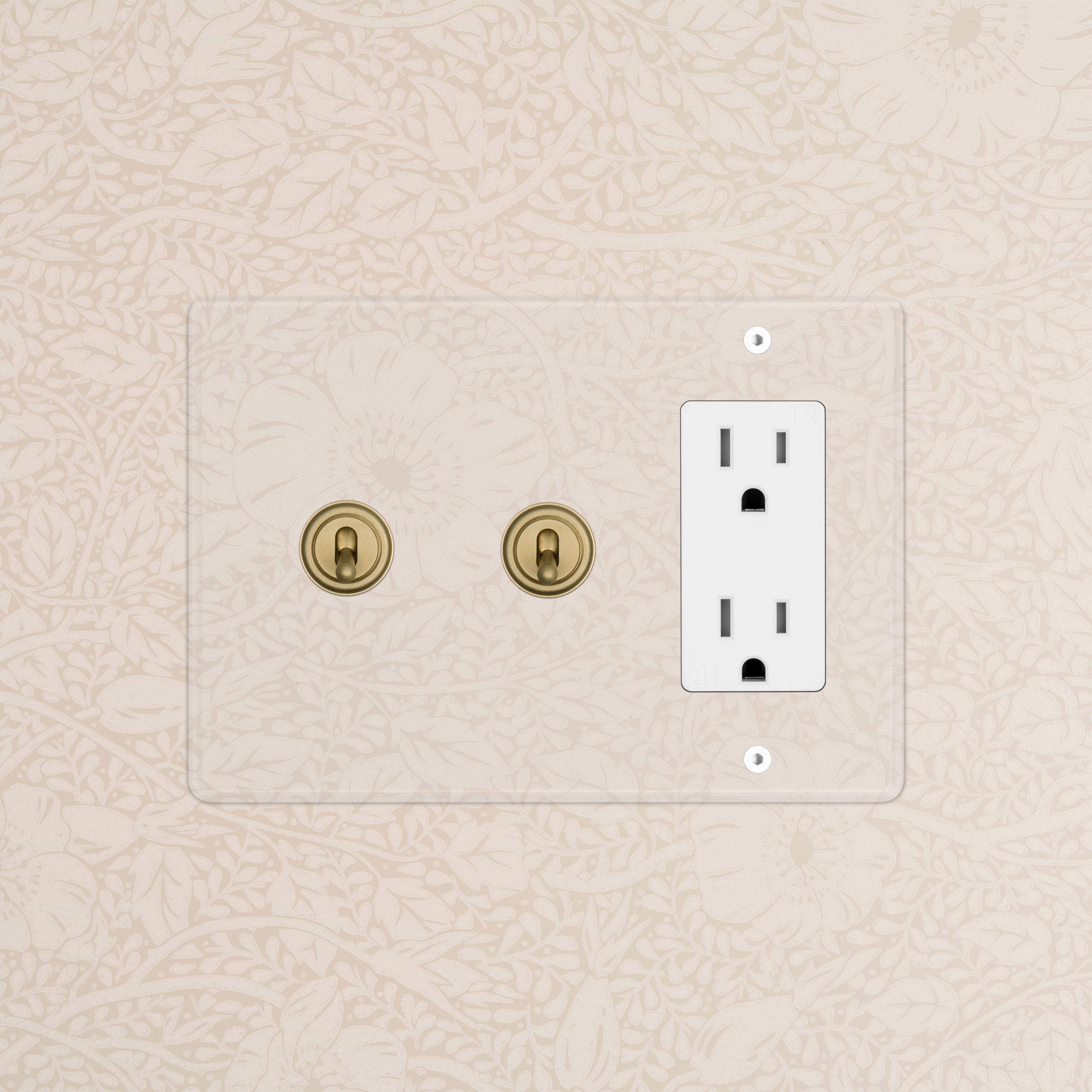 Kew 3G 2x Toggle Switch & Outlet in clear antique brass and white, with two toggles and a white outlet.
