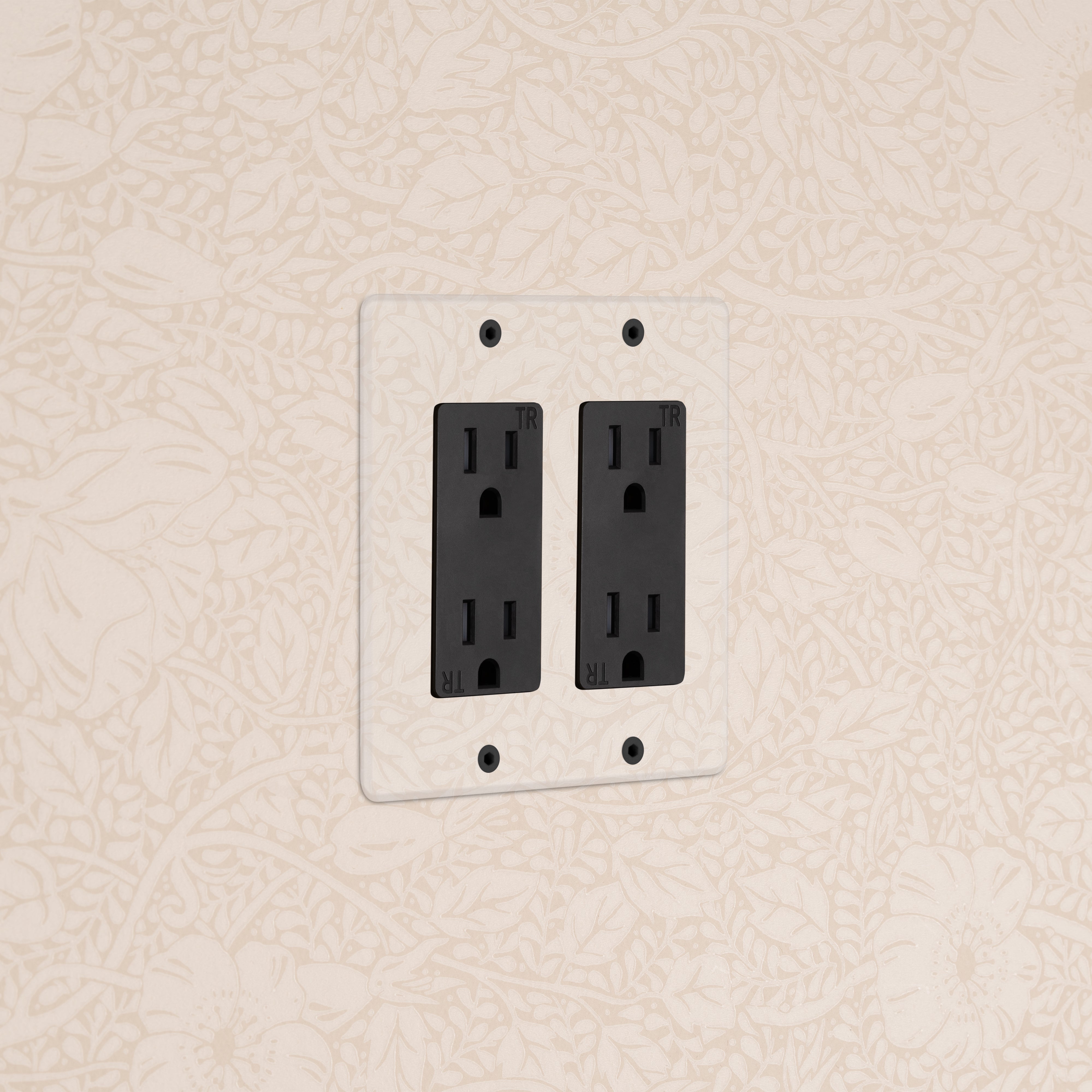Kew 2G Outlet in Clear Black, double electrical socket on a wall with floral-patterned wallpaper.