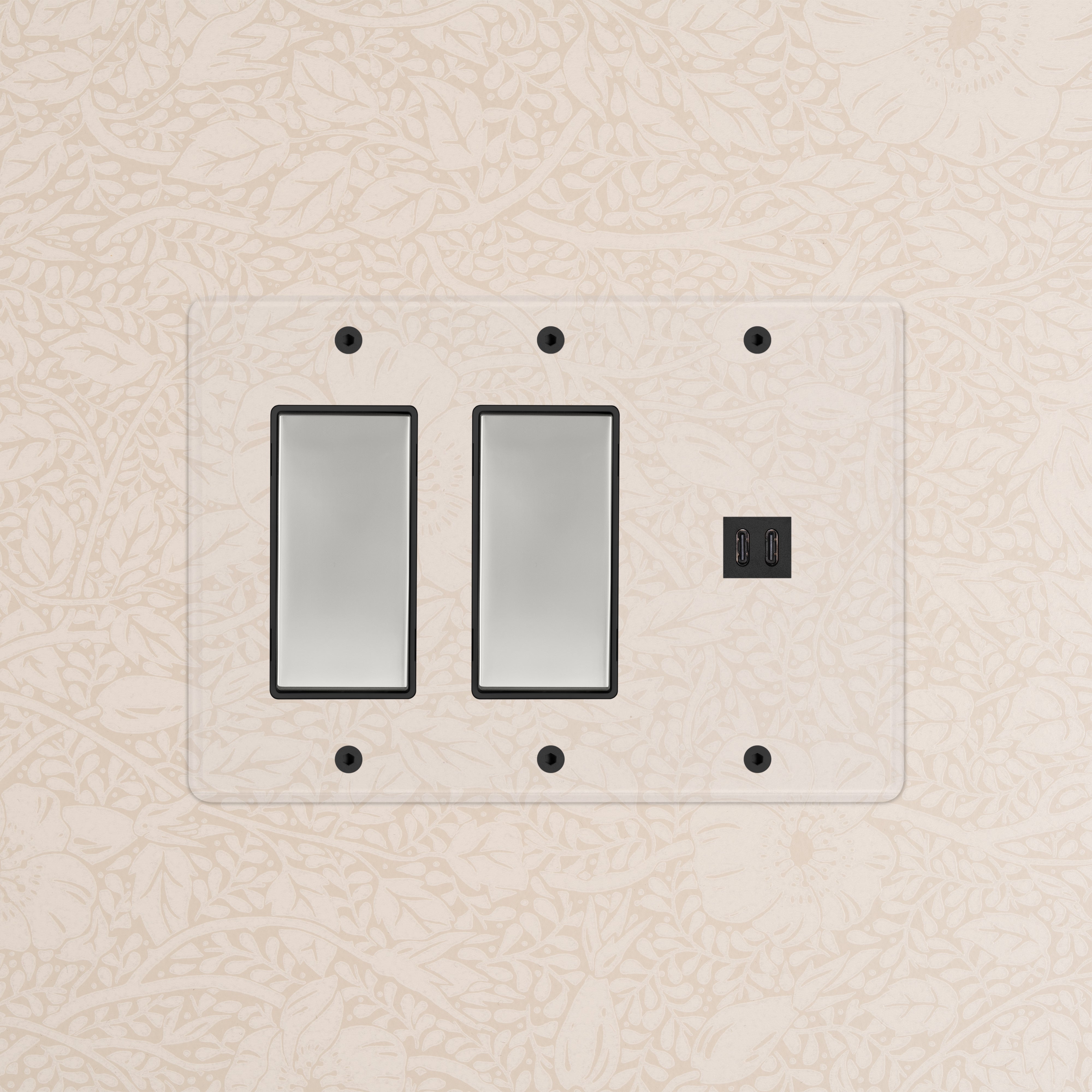 Kew 3G 2x Rocker Switch & Fast Charge USB in clear polished nickel black, mounted on a wall.