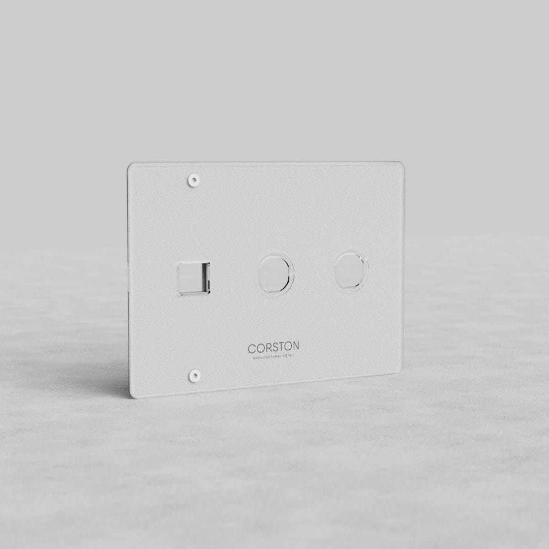 Clear 3-gang wall plate with 2 switch cutouts and 1 keystone slot, labeled 'CORSTON' at the bottom center.
