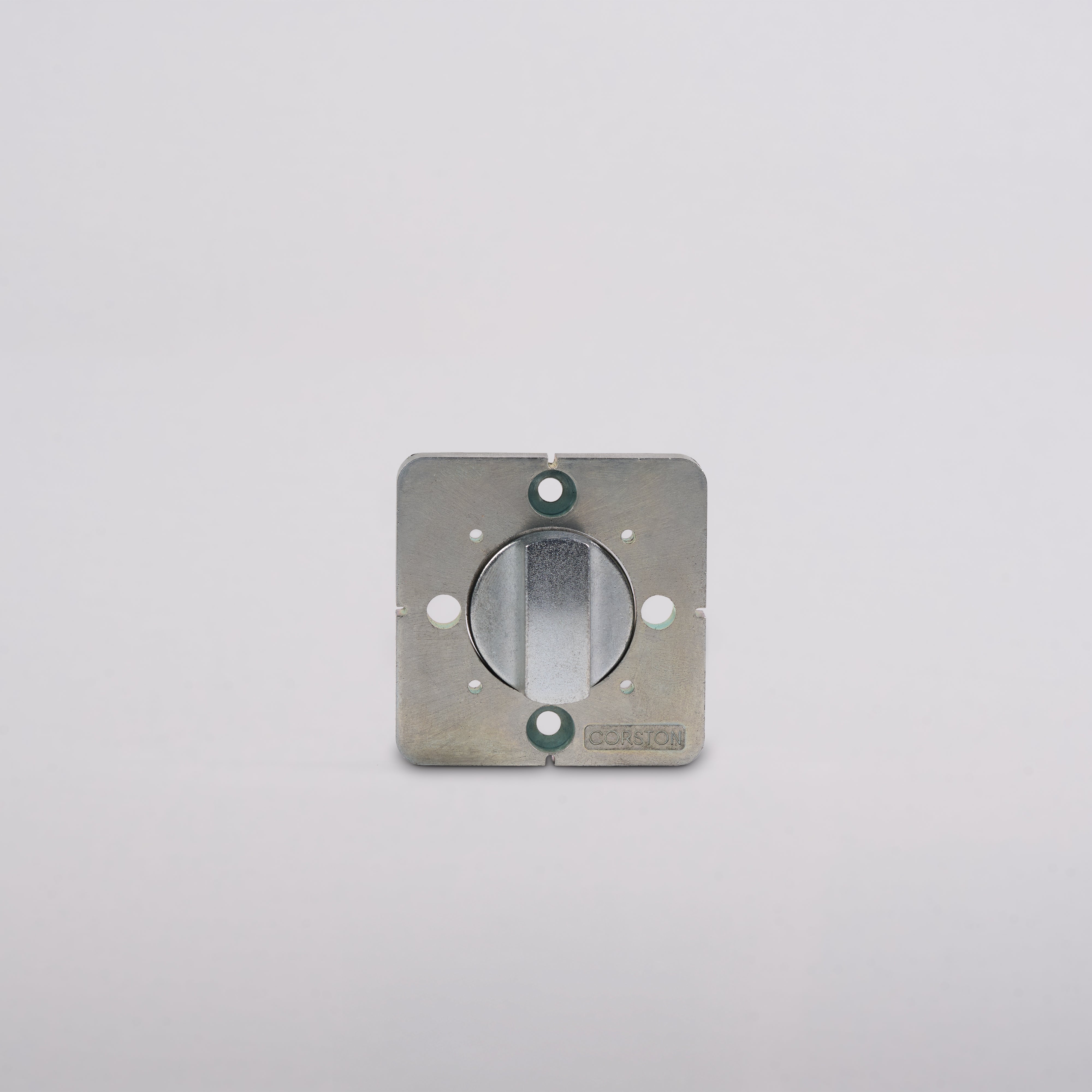 Square metal Door Handle Installation Tool with central circular opening and three screw holes on white background.