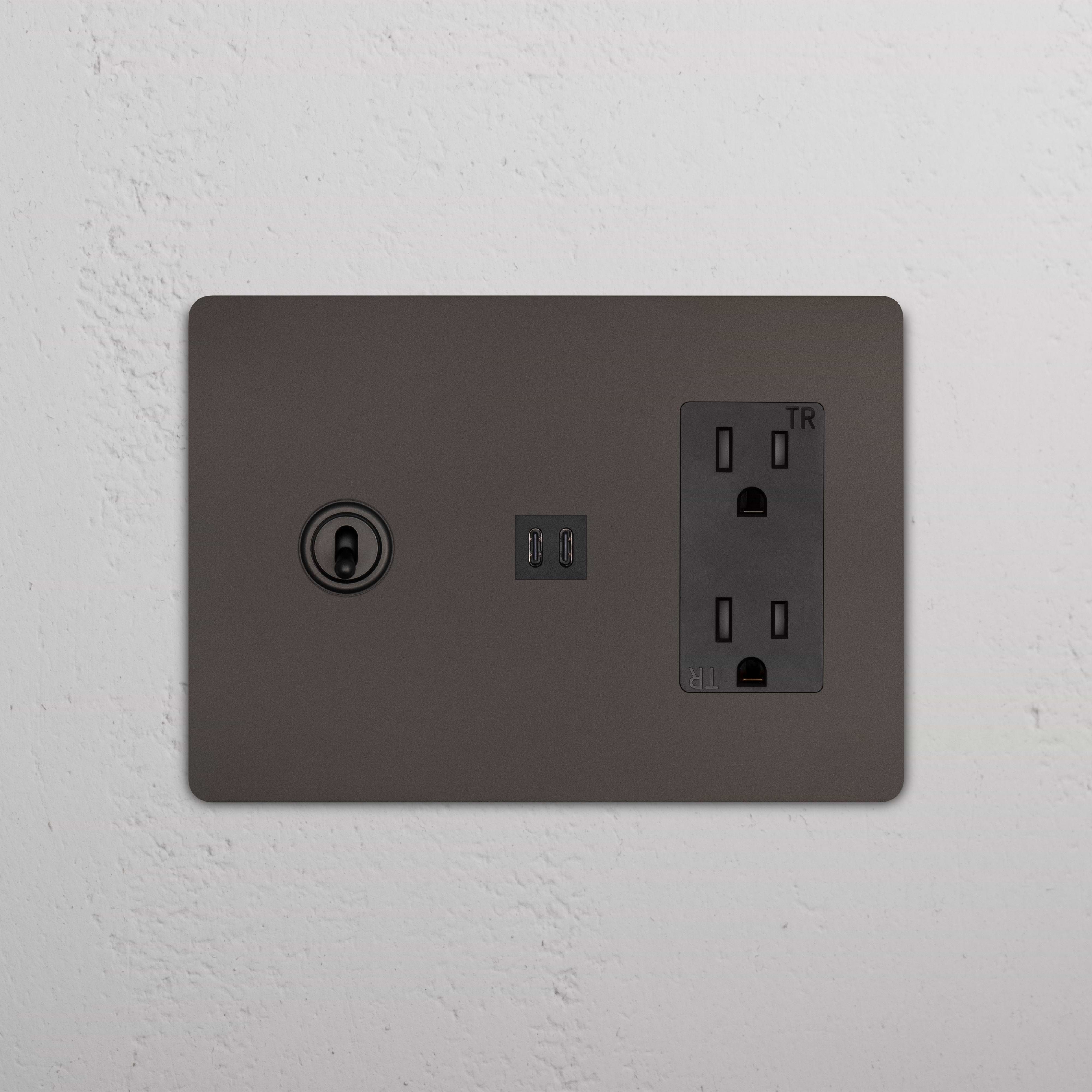 Grove 3G Toggle Switch, Outlet, and Fast Charge USB in Bronze Black with dual sockets and two USB ports.
