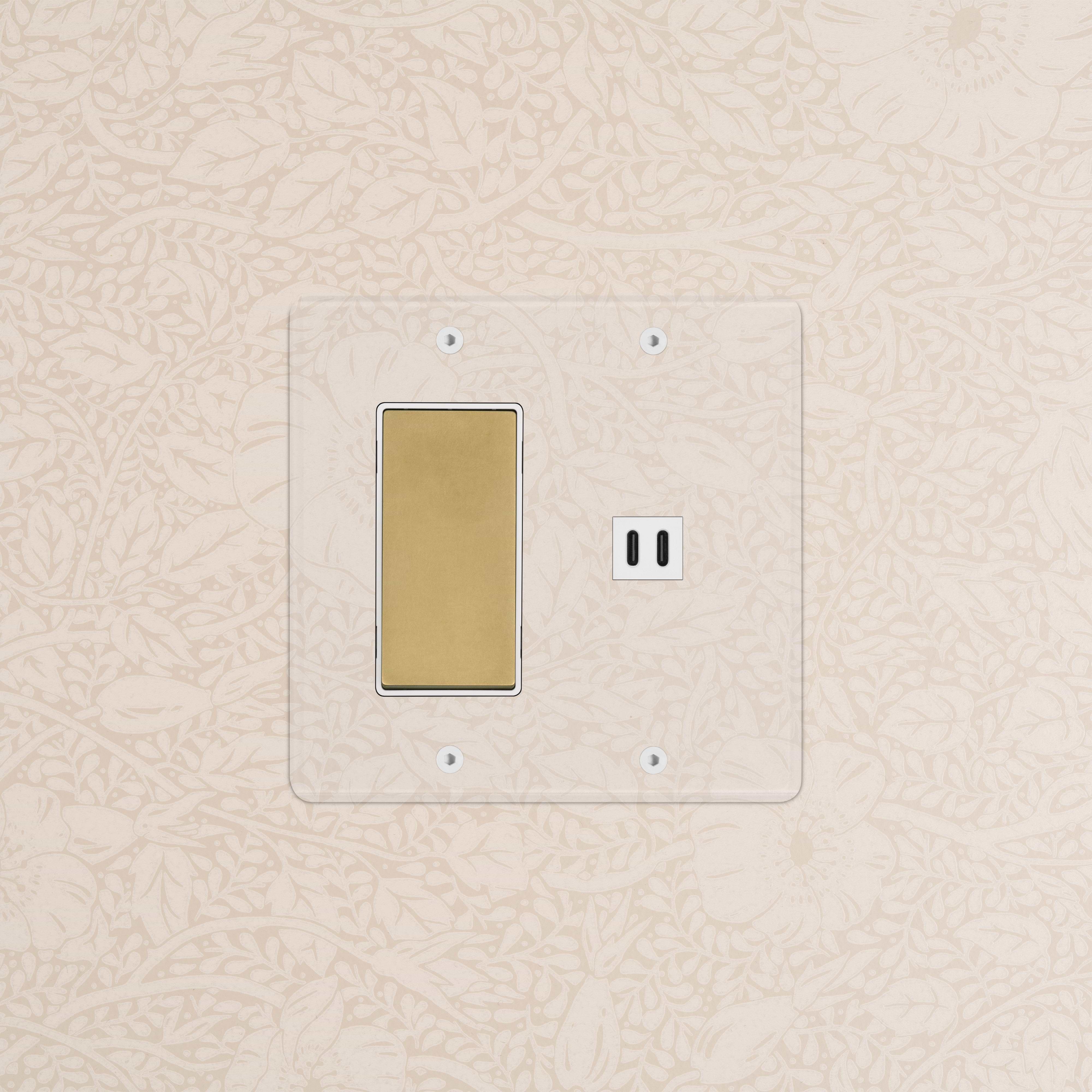 Kew 2G Rocker Switch with Fast Charge USB in Clear Antique Brass and White, on a beige floral wallpapered wall.