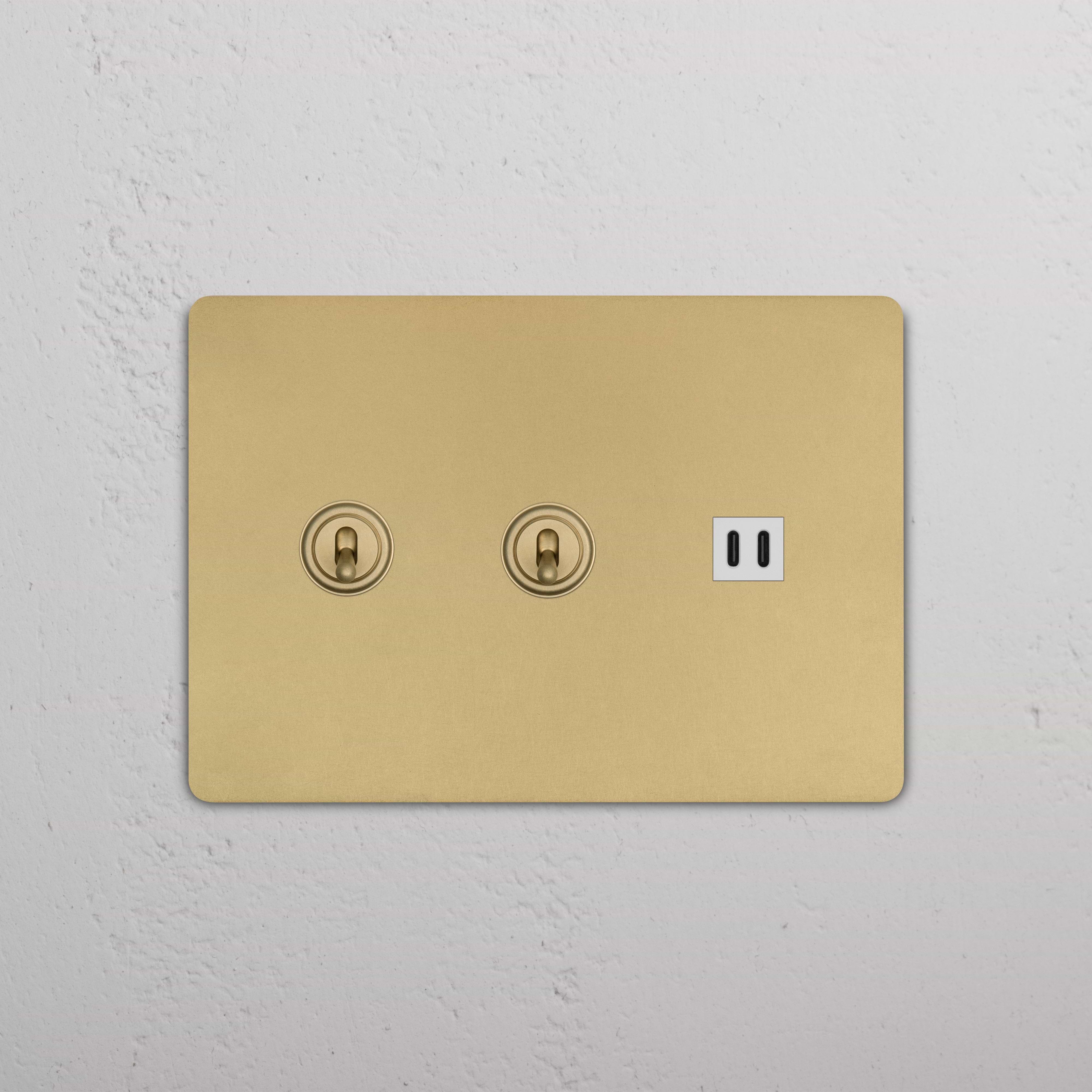 Grove 3G 2x Toggle Switch & Fast Charge USB in Antique Brass White, featuring two toggles and a USB port.