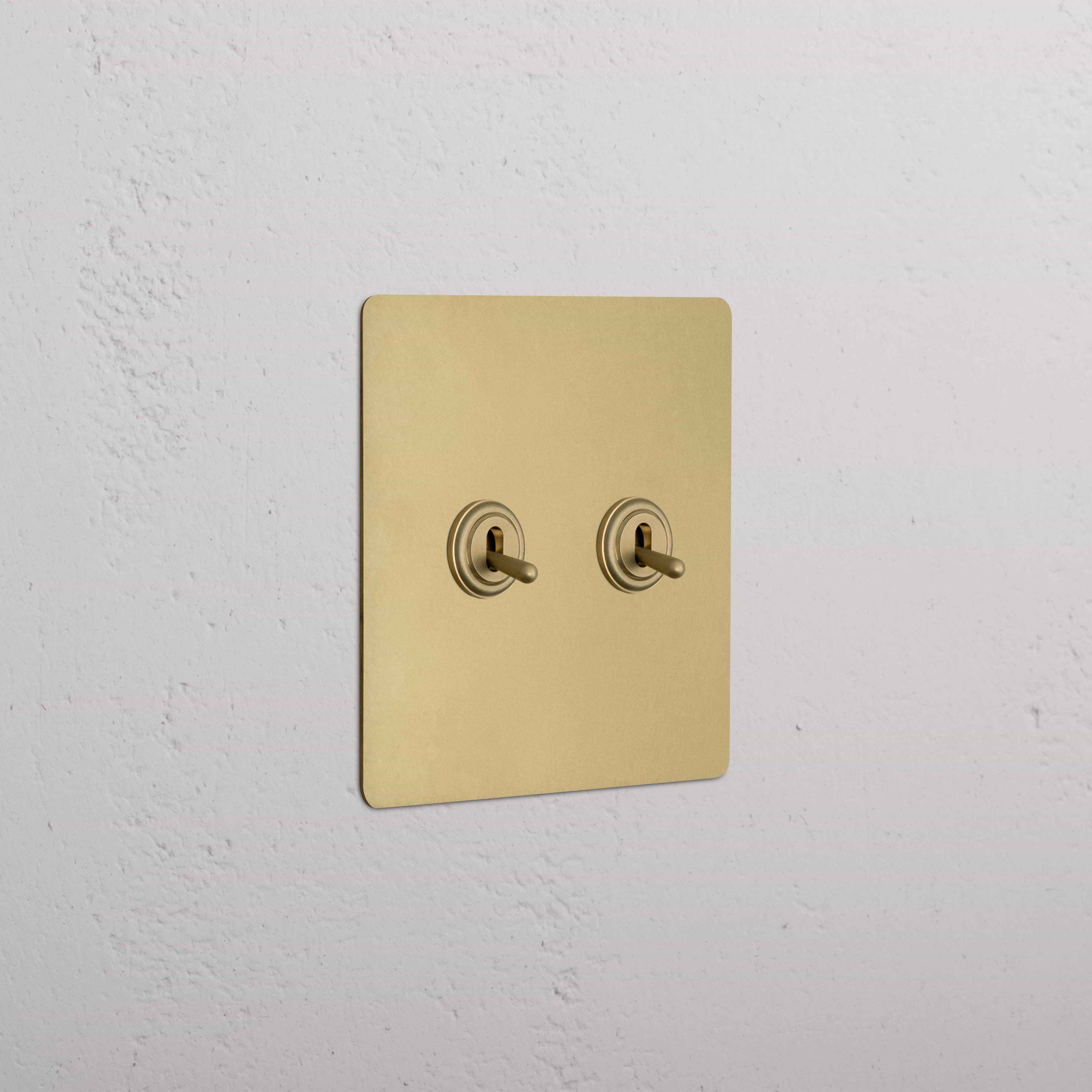 Kew 2G Toggle Switch in antique brass with metallic plate and toggles, mounted on a white wall.