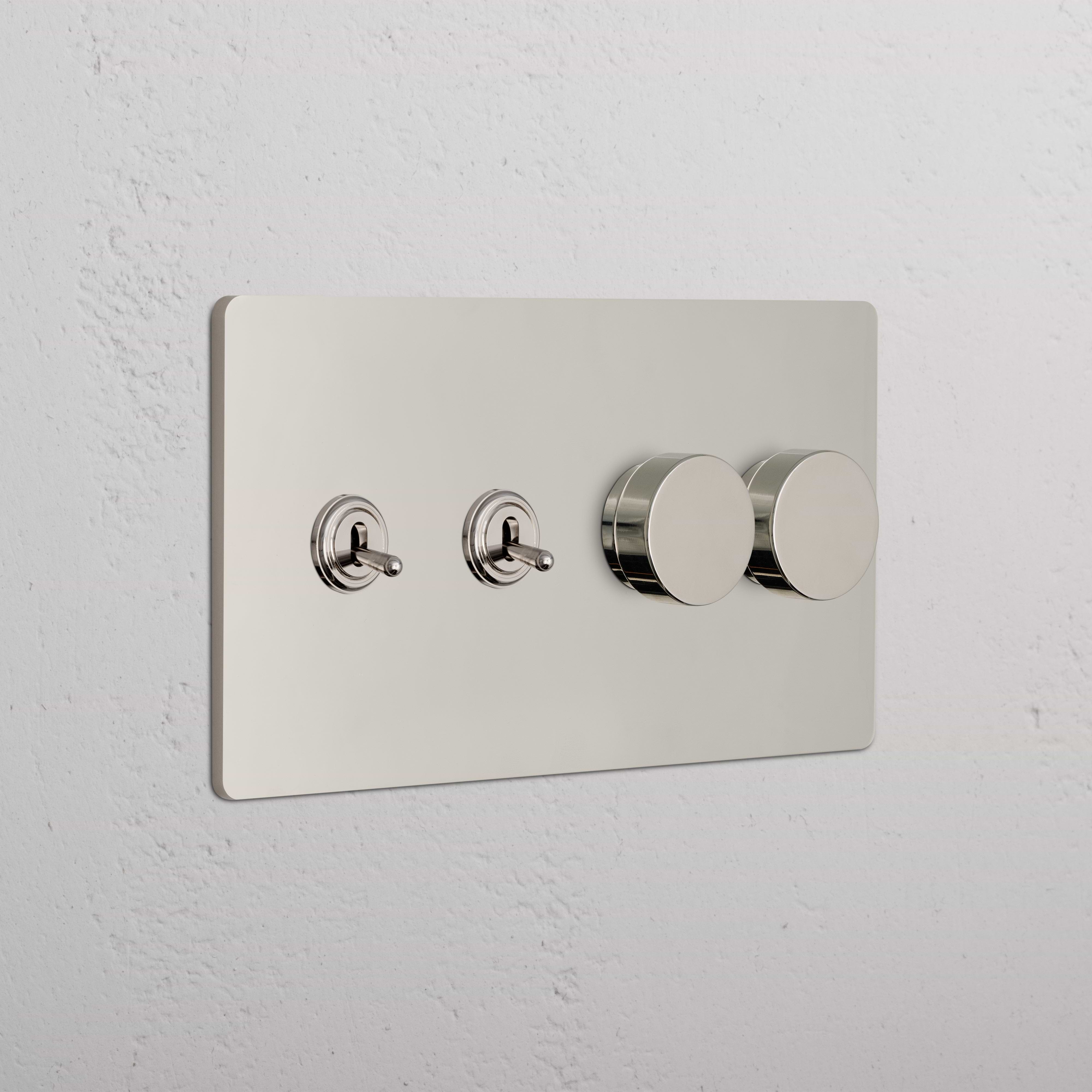 Grove 4G 2x Toggle & 2x Dimmer Switch in polished nickel, with two toggles and two dimmer dials on a wall plate.