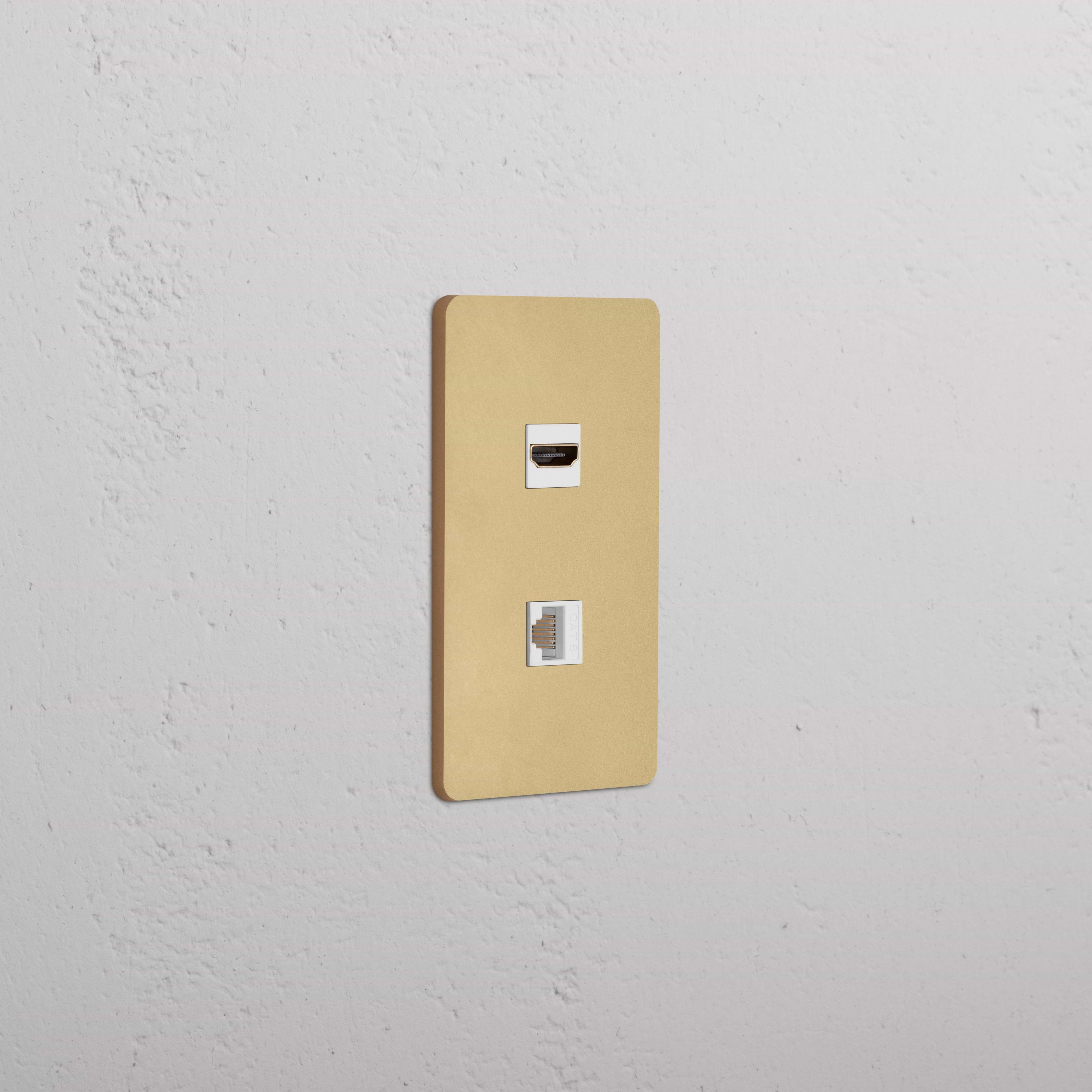 Grove 1G HDMI & CAT 6 Keystone wall plate, Antique Brass White finish, with HDMI and Ethernet ports.