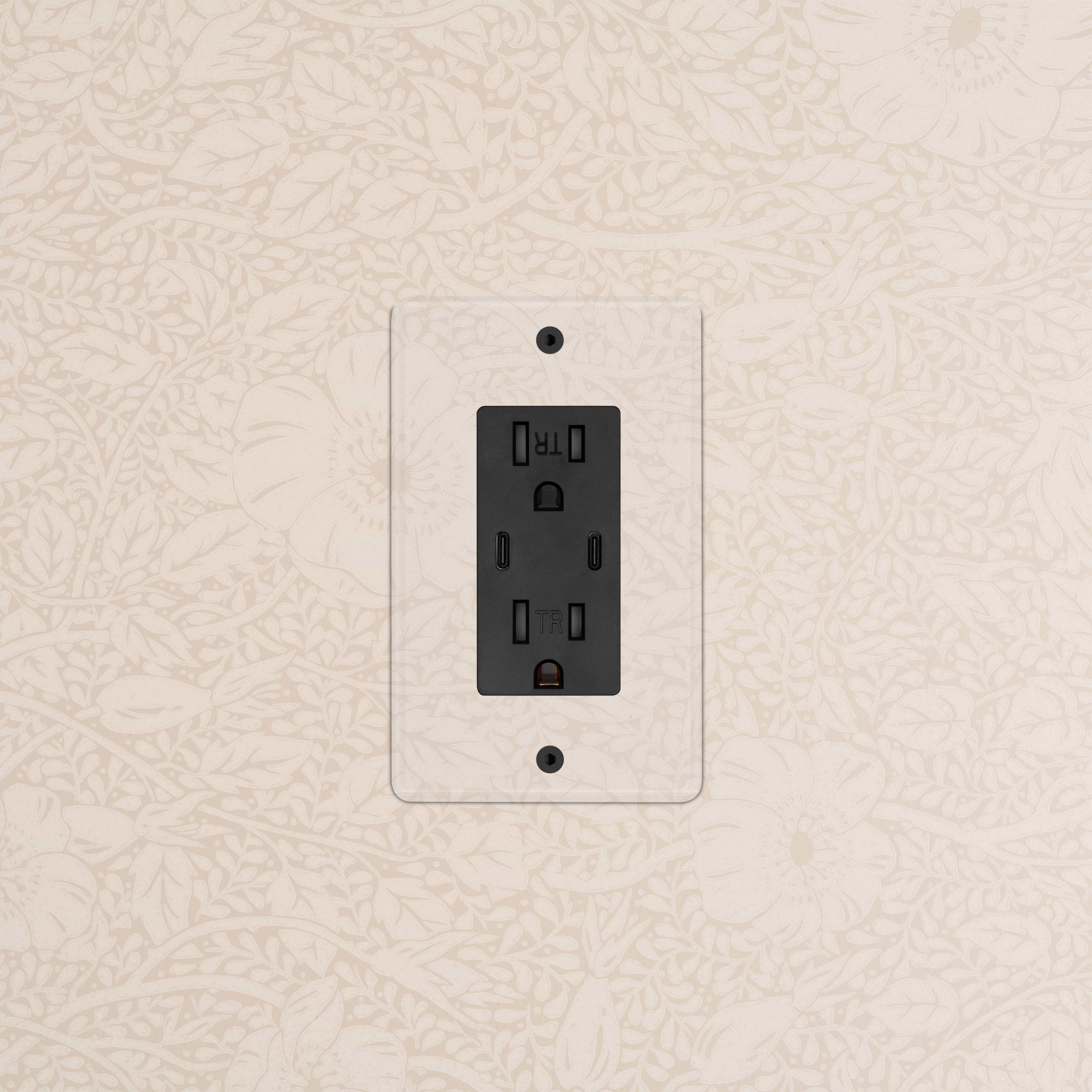 Kew 1G 15A USB Outlet in Clear Black with transparent cover plate, installed on a wall.