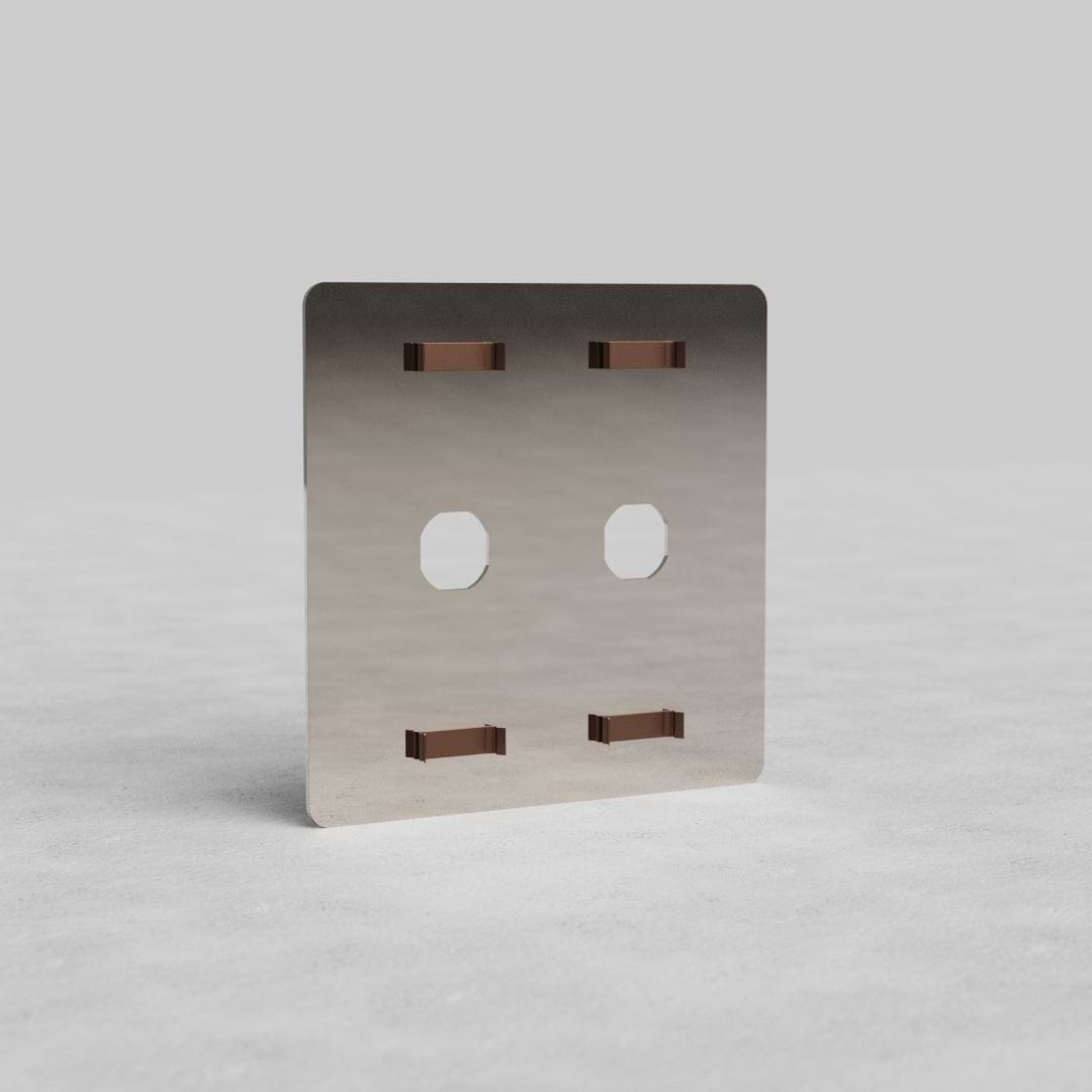 Polished nickel 2-gang Kew US switch plate with two switch openings, shown upright on a neutral background.