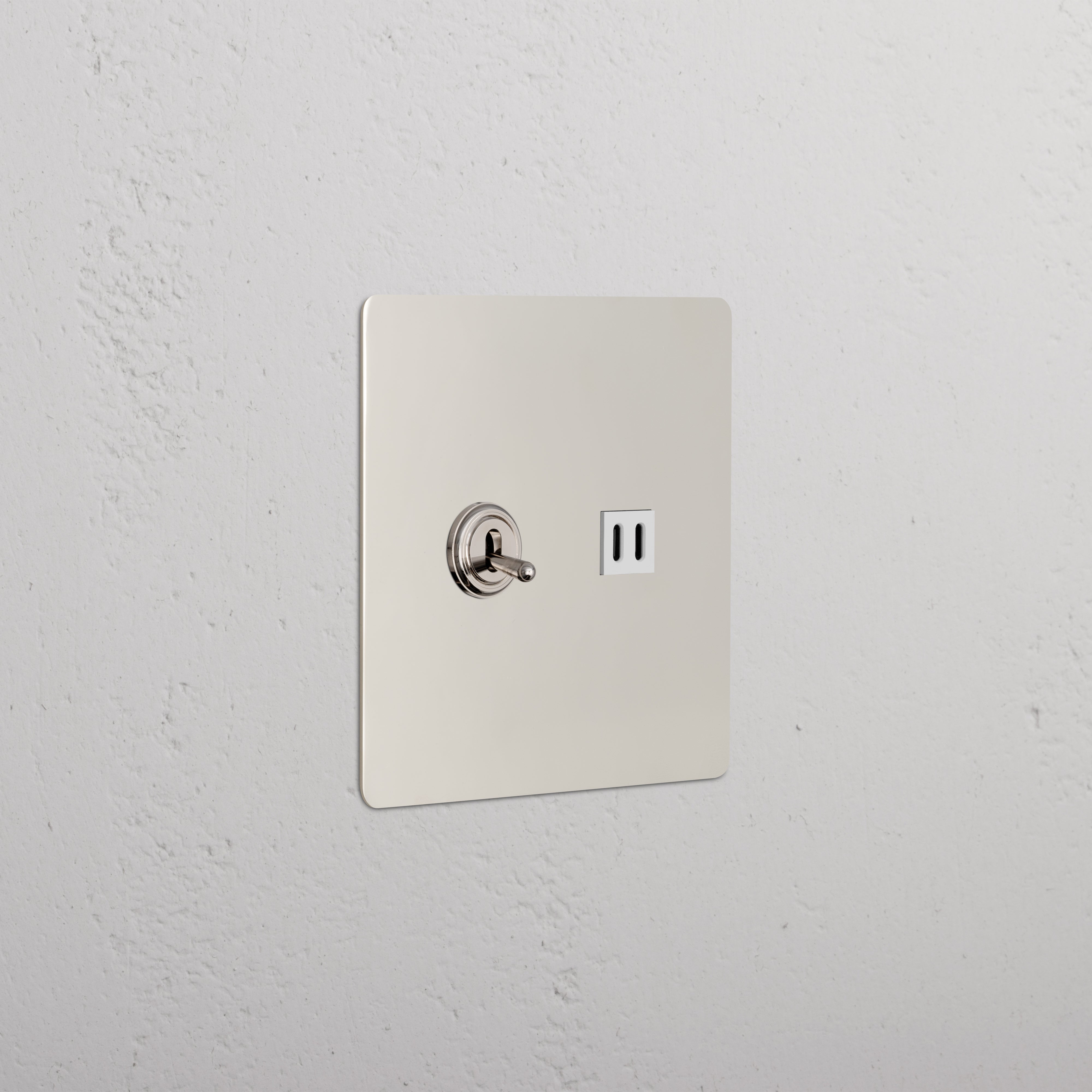 Kew 2G Toggle Switch & Fast Charge USB in Polished Nickel White, wall-mounted with toggle and USB port.