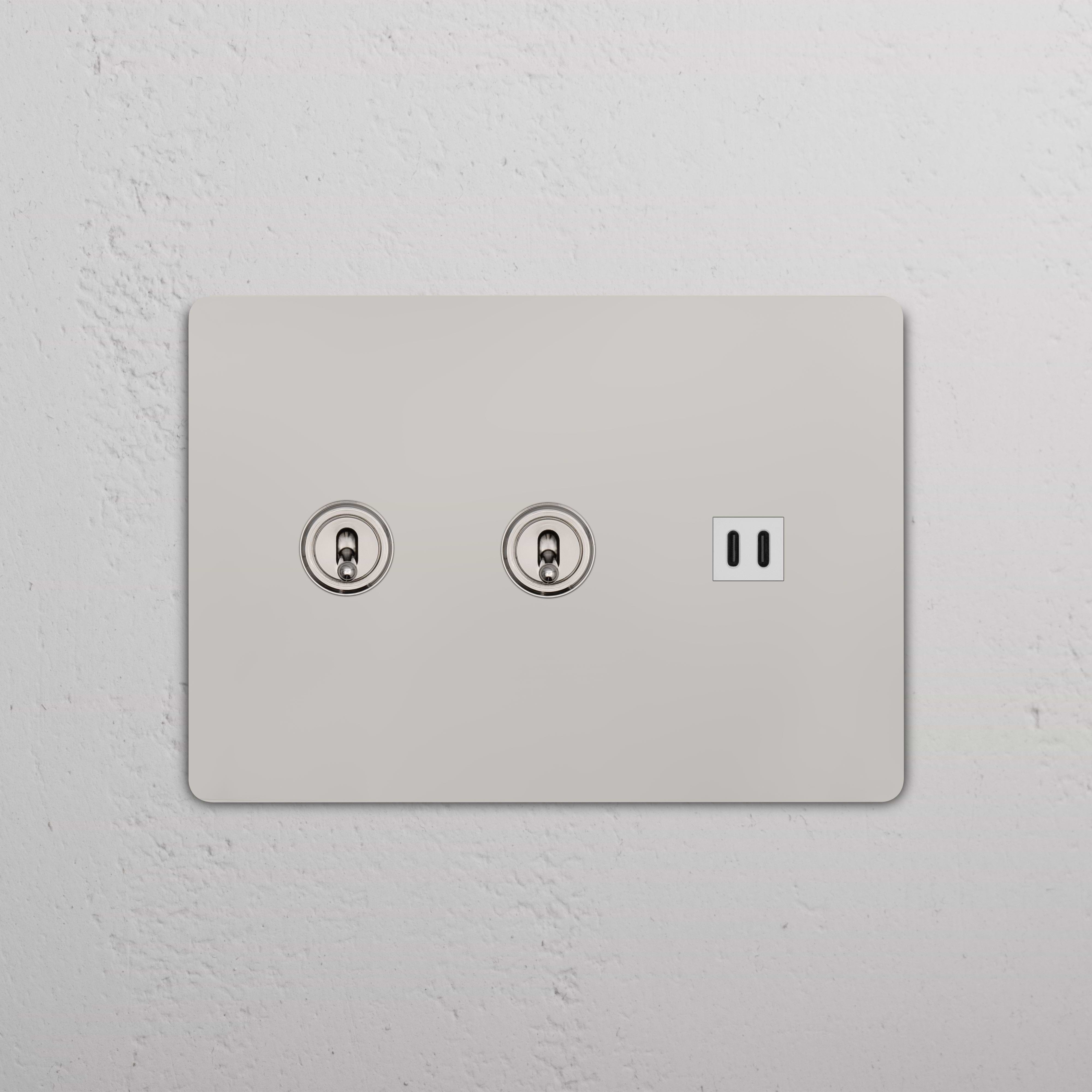 Grove 3G 2x Toggle Switch & Fast Charge USB wall plate in polished nickel white, with two toggles and USB port.