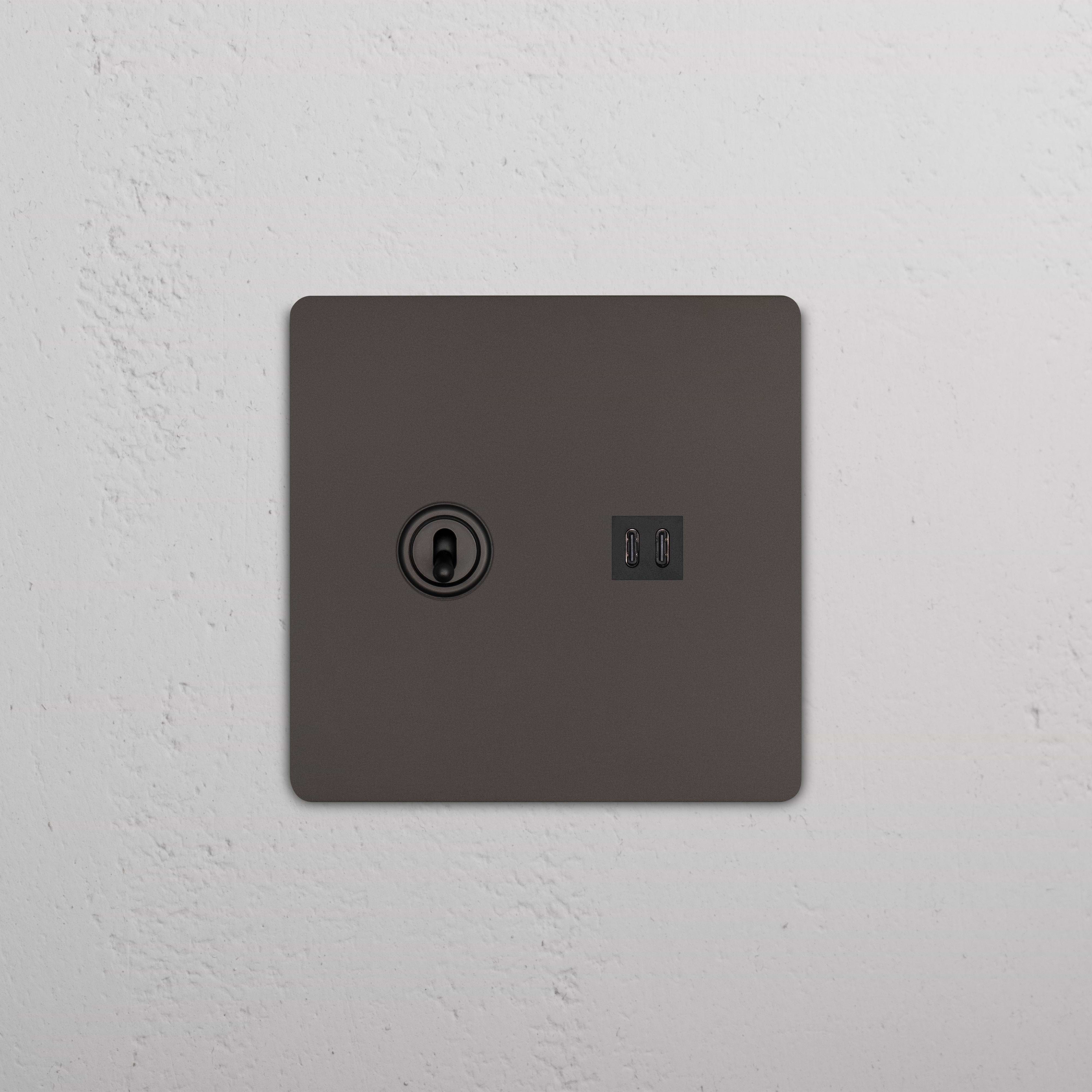 Bronze Black Grove 2G Toggle Switch with fast charge USB ports on a square wall plate, mounted on a wall.