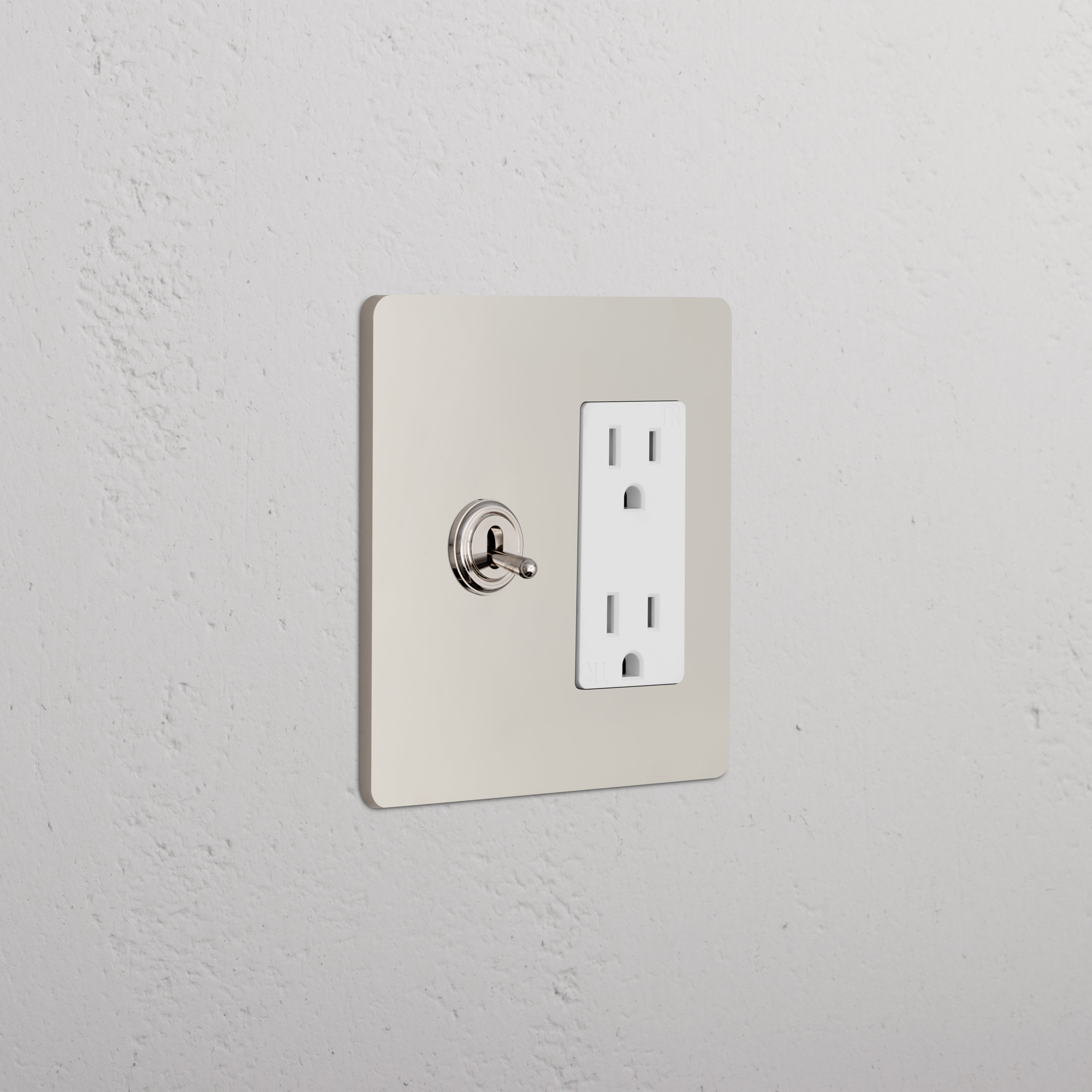 Grove 2G Toggle Switch & Outlet in Polished Nickel White mounted on a wall, showing both switch and outlet.
