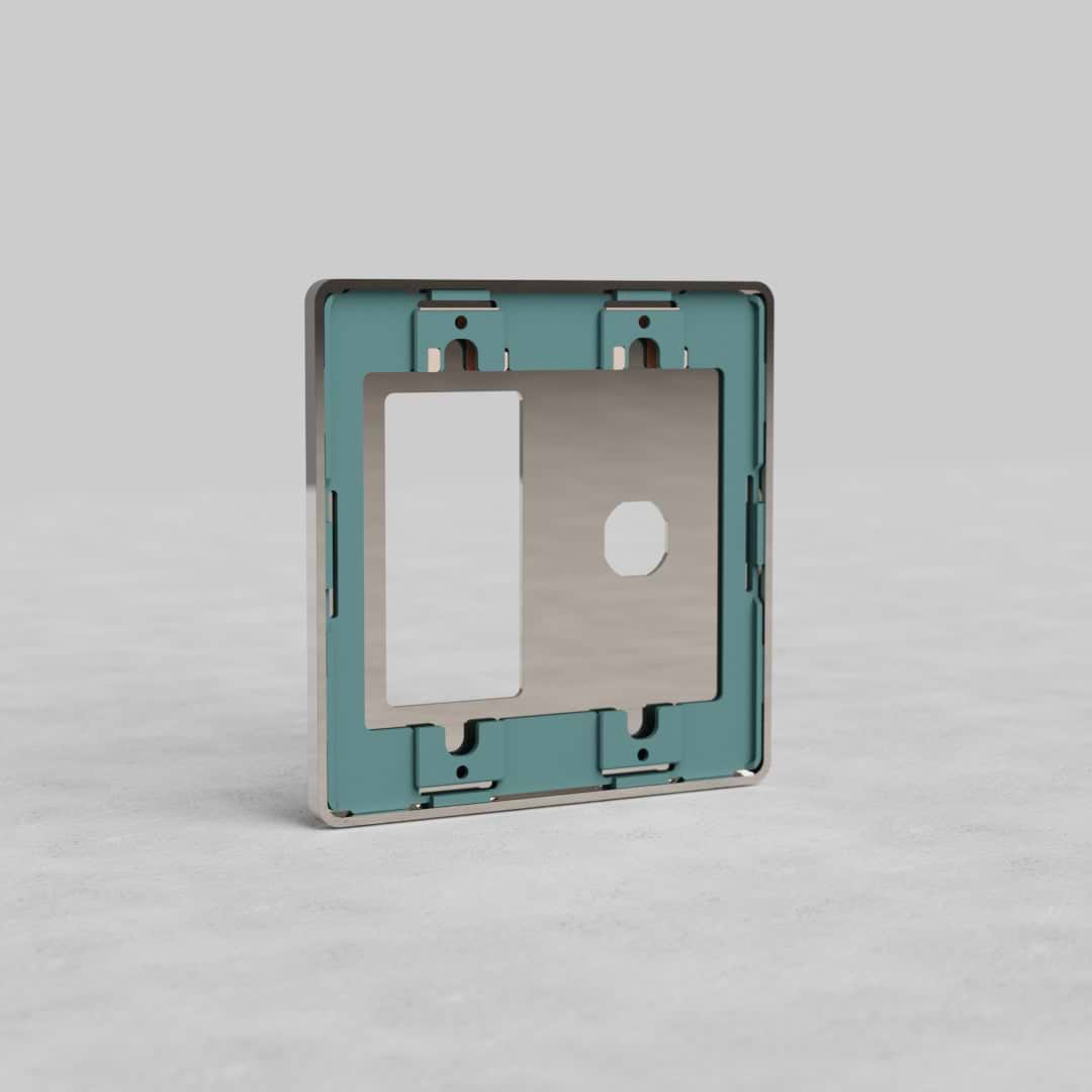 Polished Nickel 2G Switch & Outlet Plate Grove US, rectangular with one switch and one outlet cutout.