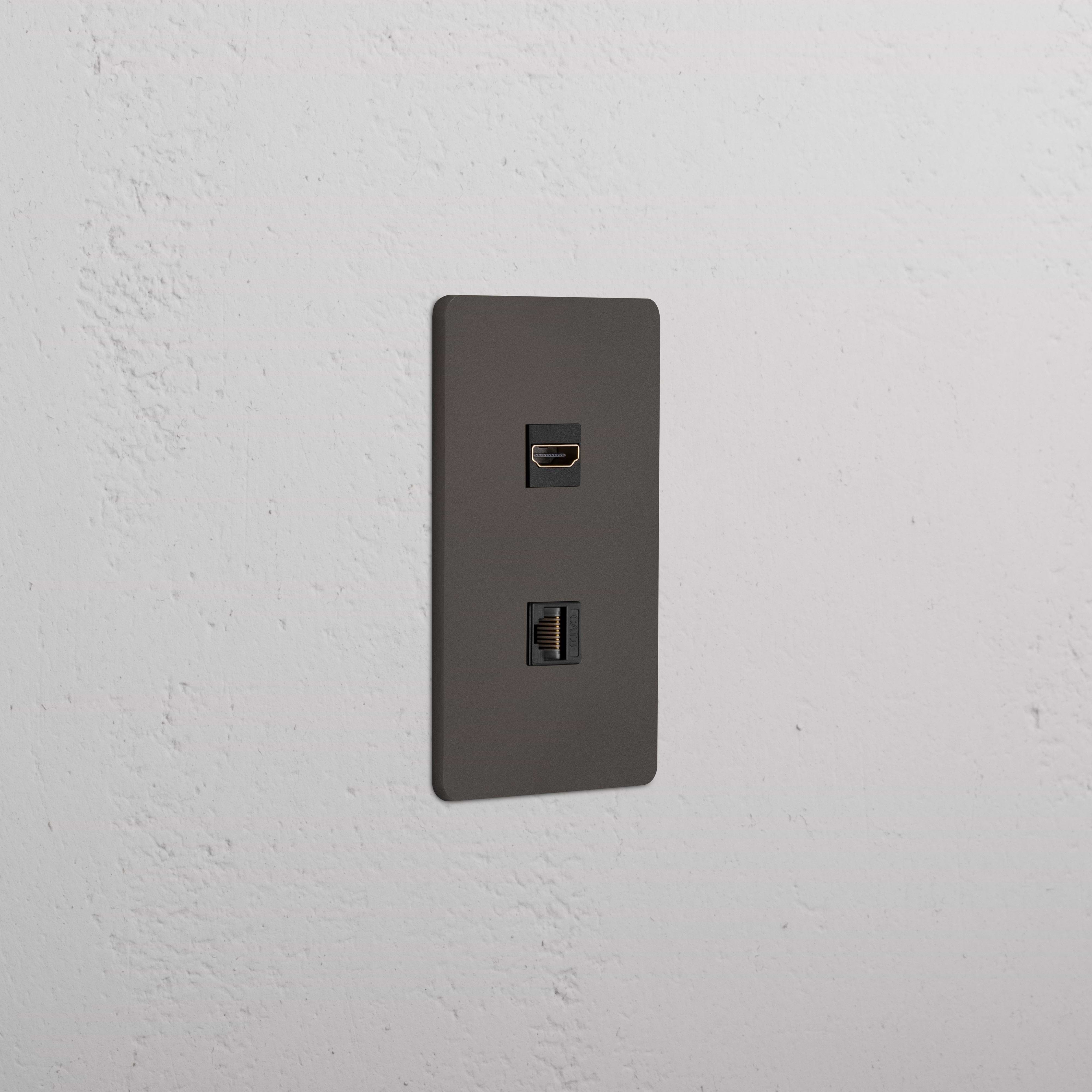 Grove 1G HDMI & CAT 6 Keystone wall plate in Bronze Black with HDMI and Ethernet ports.