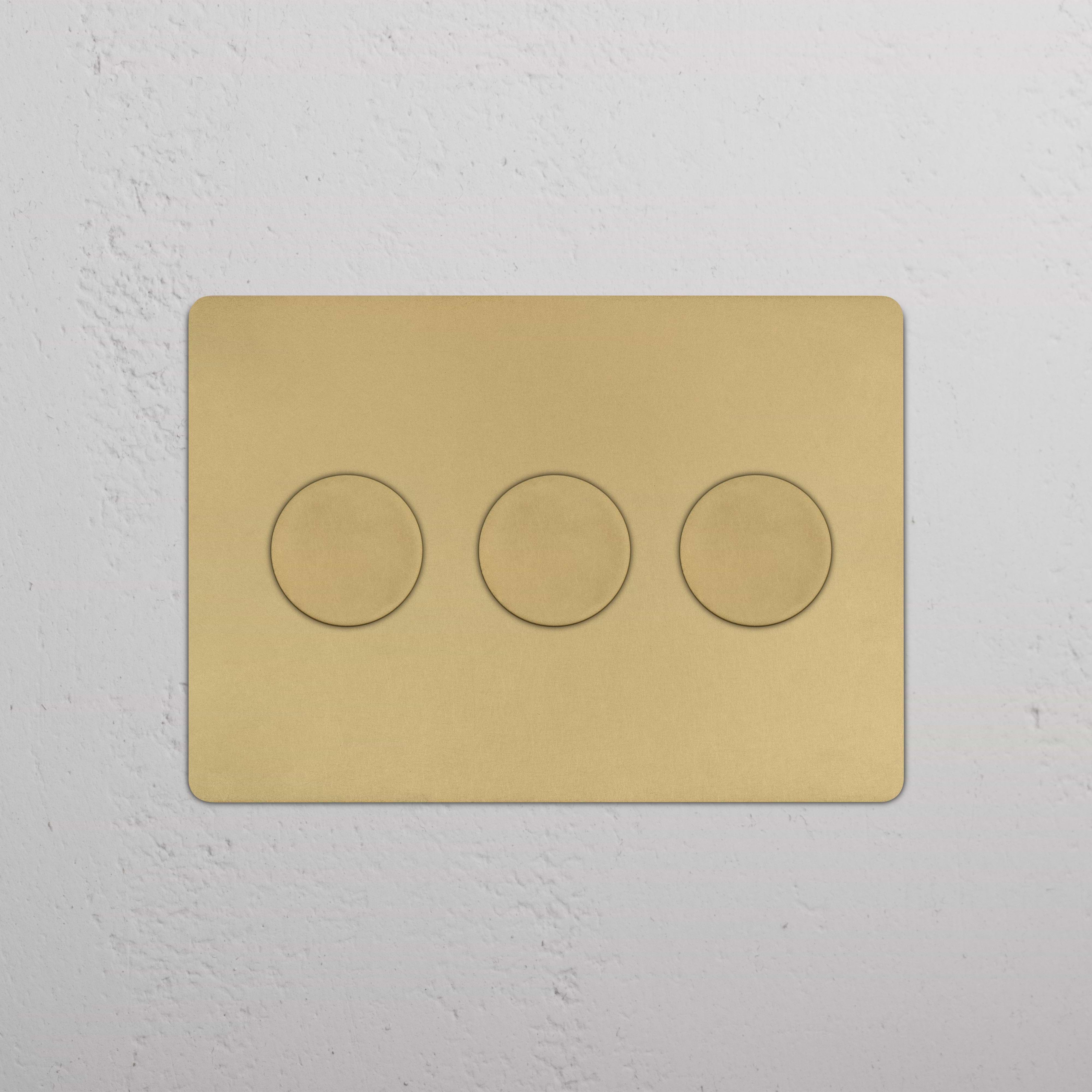 Kew 3G Dimmer Switch in Antique Brass with three rotary dimmer knobs on a white textured wall.