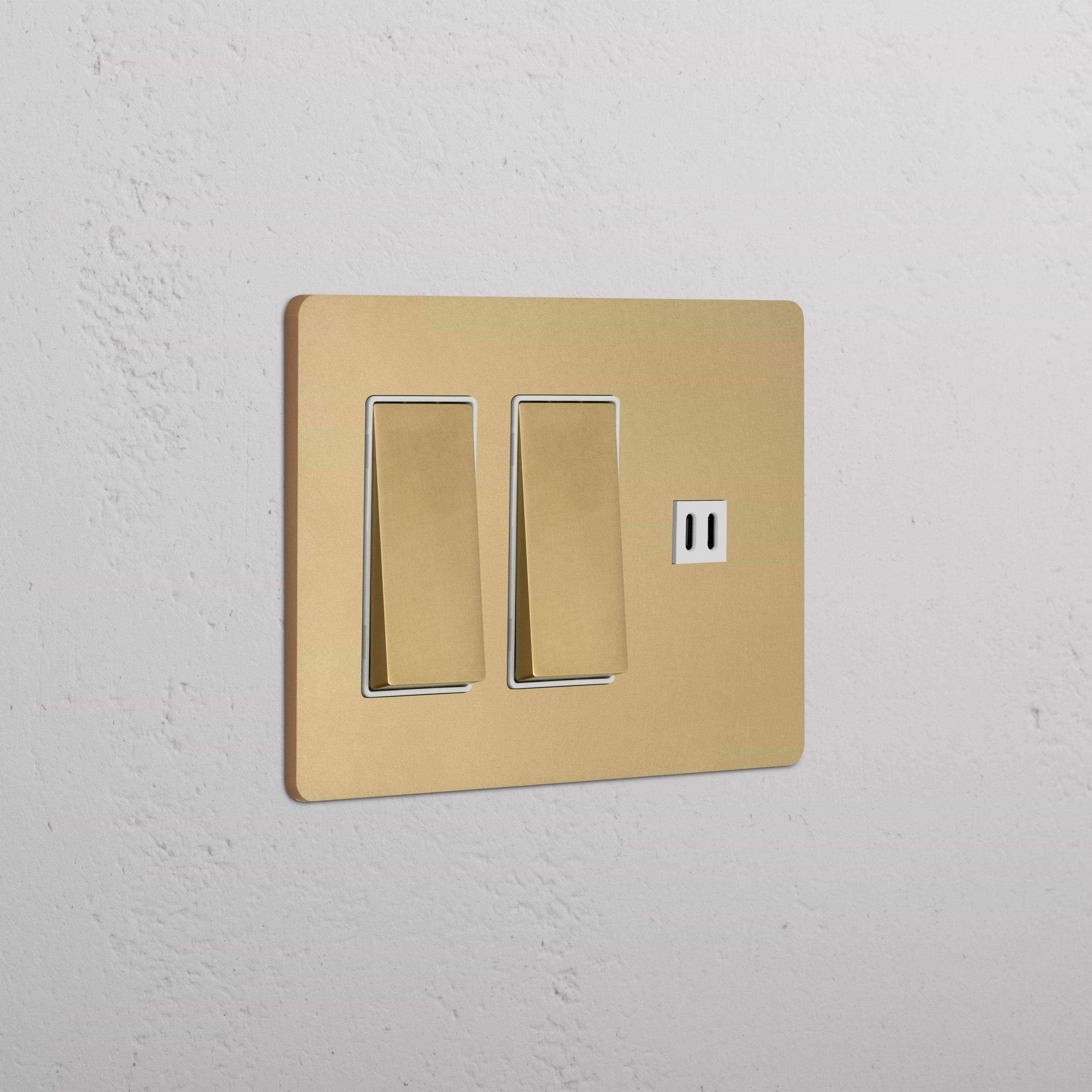 Antique brass and white Grove 3G plate with 2 rocker switches and fast charge USB port on a wall.