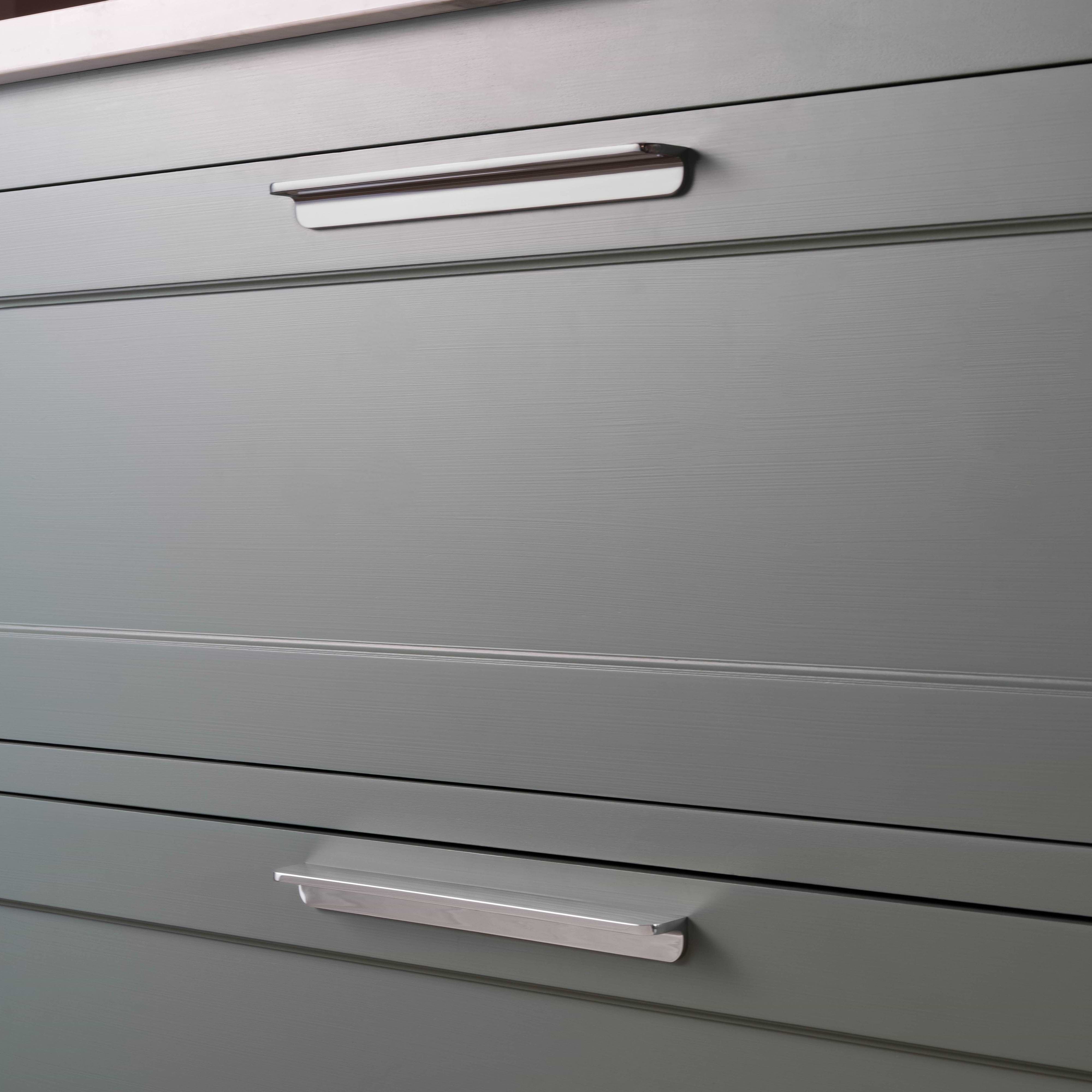 Close-up of two cabinet drawers fitted with Oxford Furniture Handle Large in polished nickel finish.