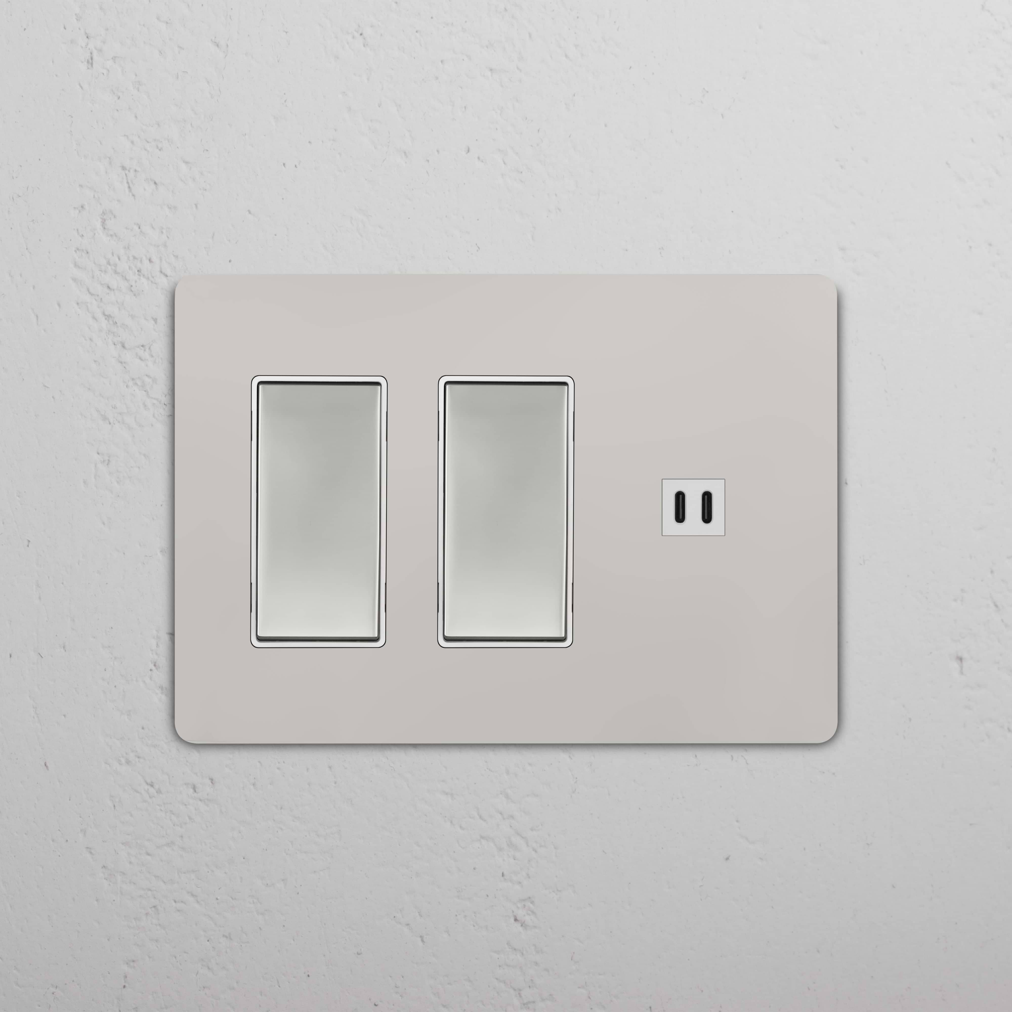 Polished nickel white Grove 3G wall plate with two rocker switches and a fast charge USB port.