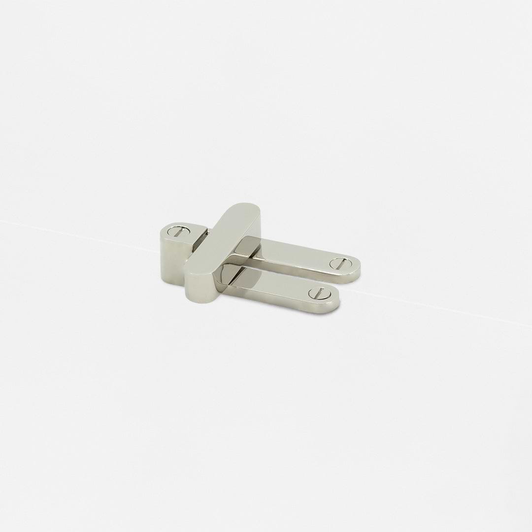 Belmont Single Hung Window Latch in polished nickel with flat arms and central pivot, mounted on white surface.