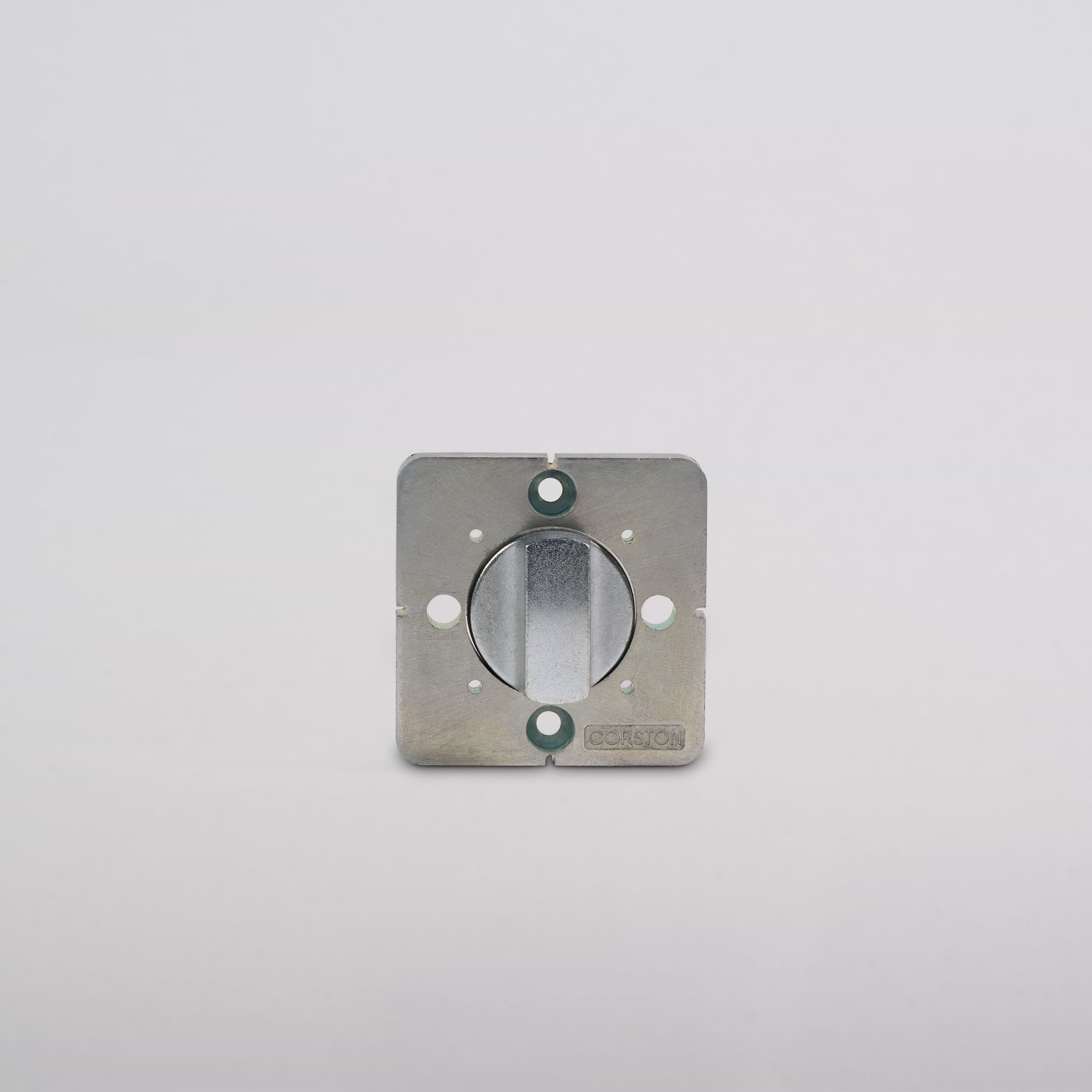 Square metal Door Handle Installation Tool with central circular opening and three screw holes on white background.