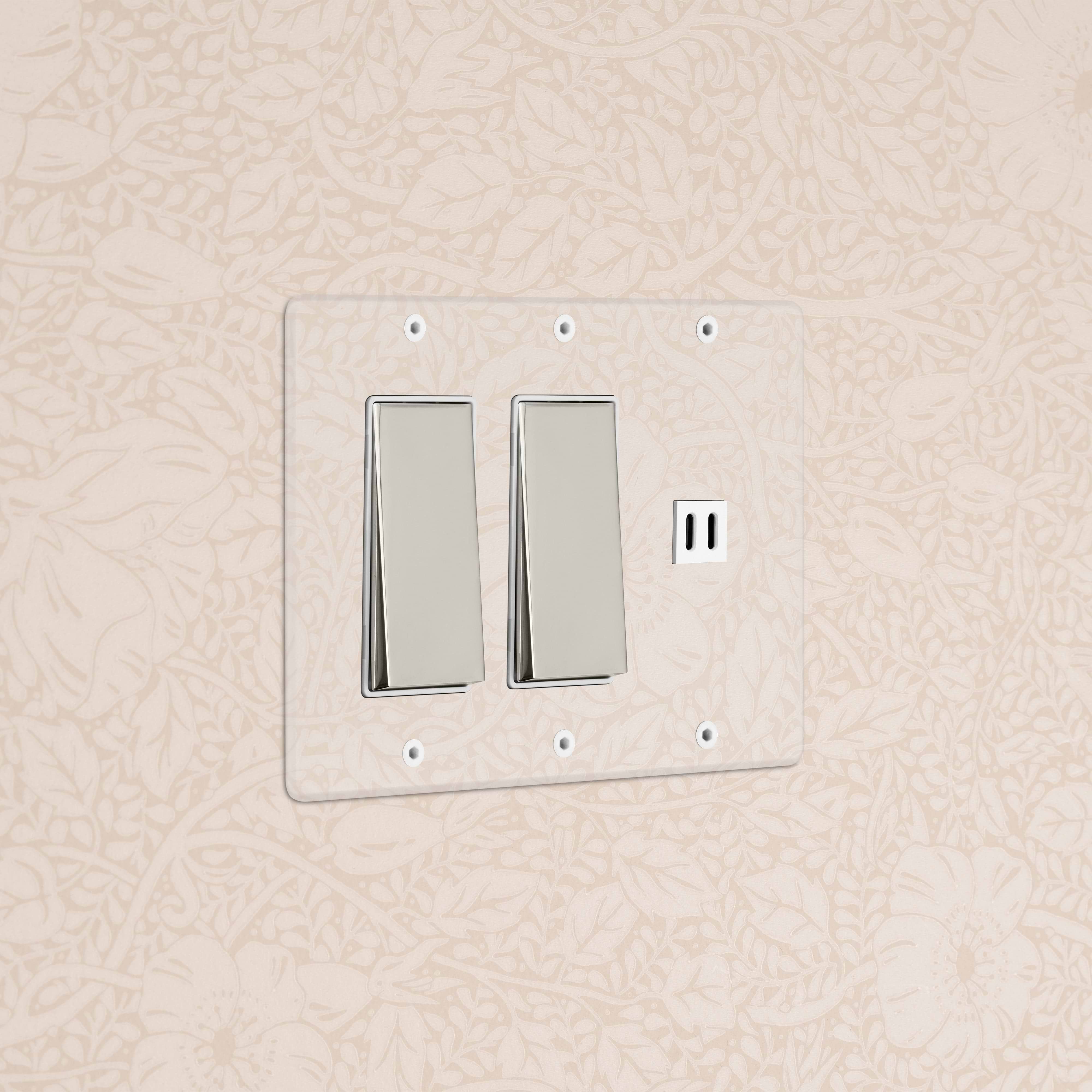 Kew 3G 2x rocker light switch with fast charge USB port in clear polished nickel and white finish.