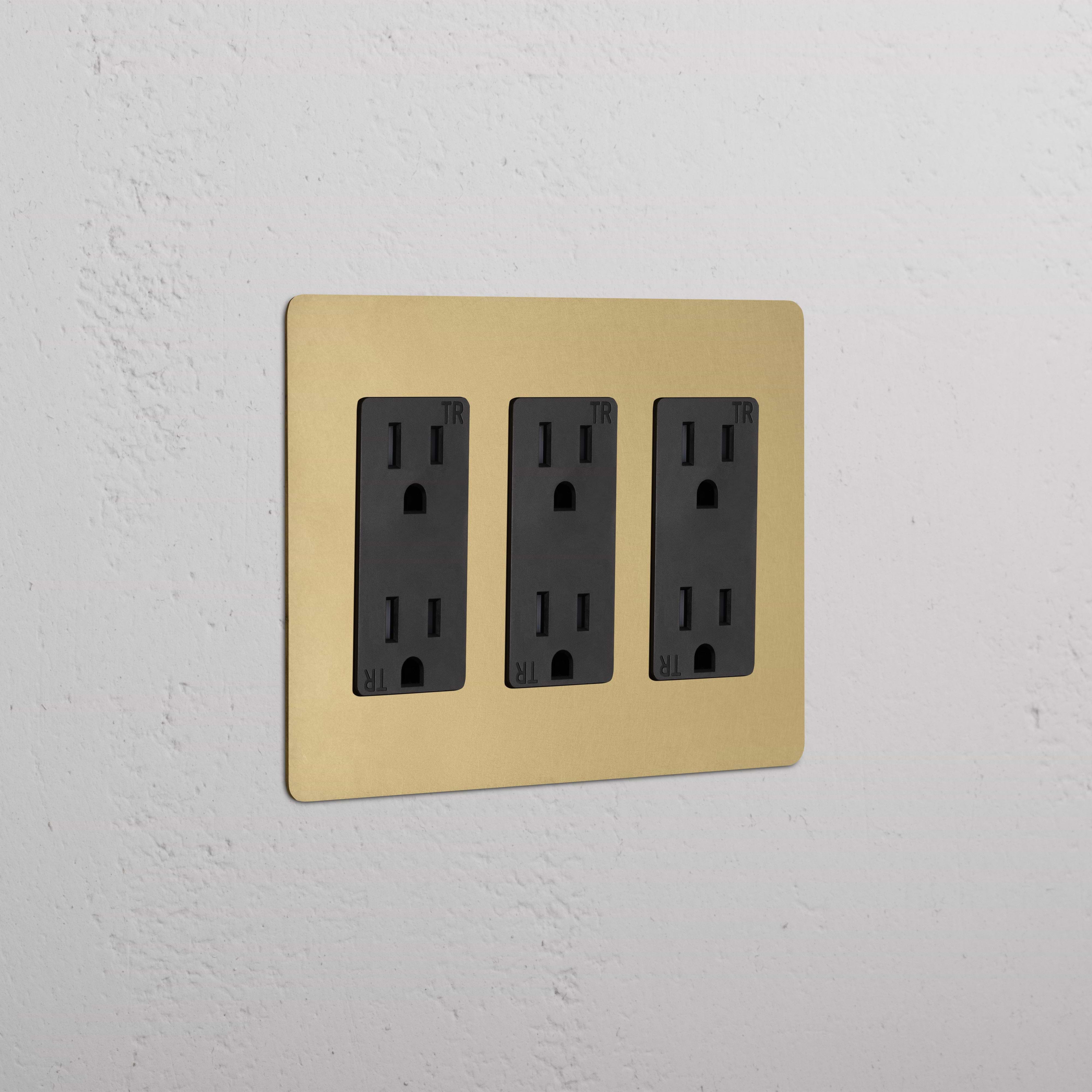 Kew 3G Outlet in Antique Brass Black finish featuring three black electrical sockets on a decorative wall plate.