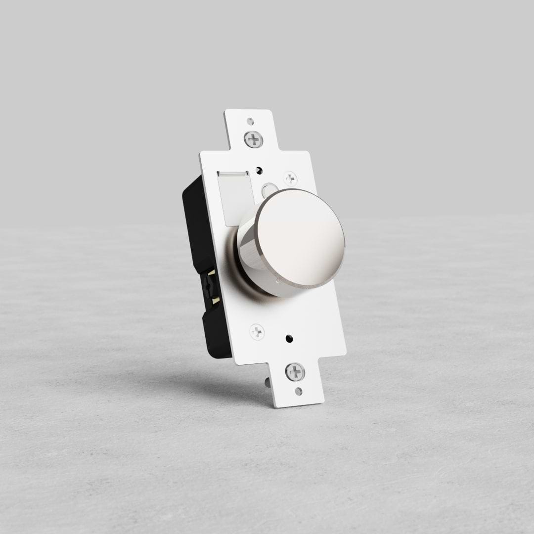 Polished nickel dimmer switch with round knob on rectangular base, shown against a light gray background.