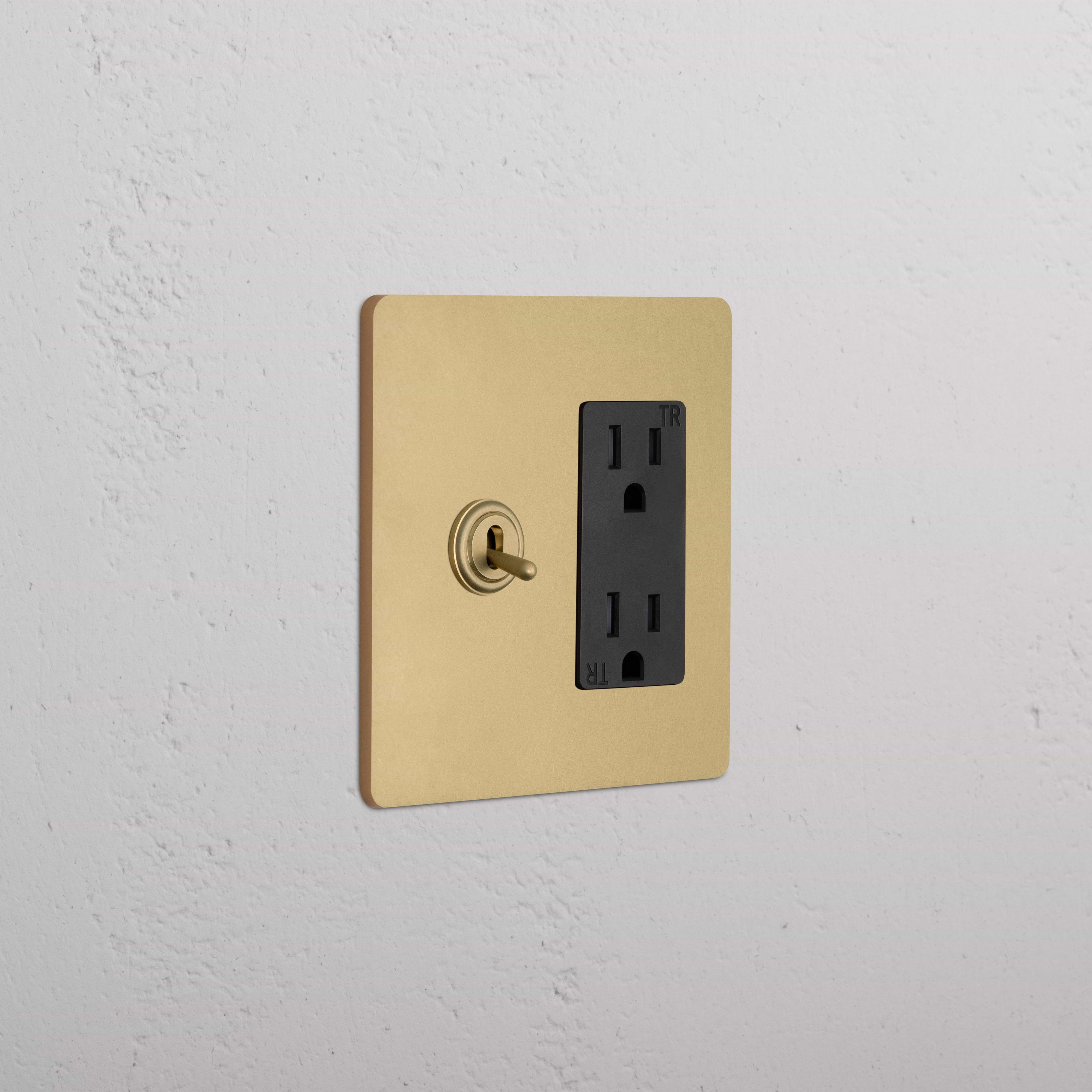 Grove 2G Toggle Switch & Outlet in Antique Brass Black on a brass wall plate against a white wall.