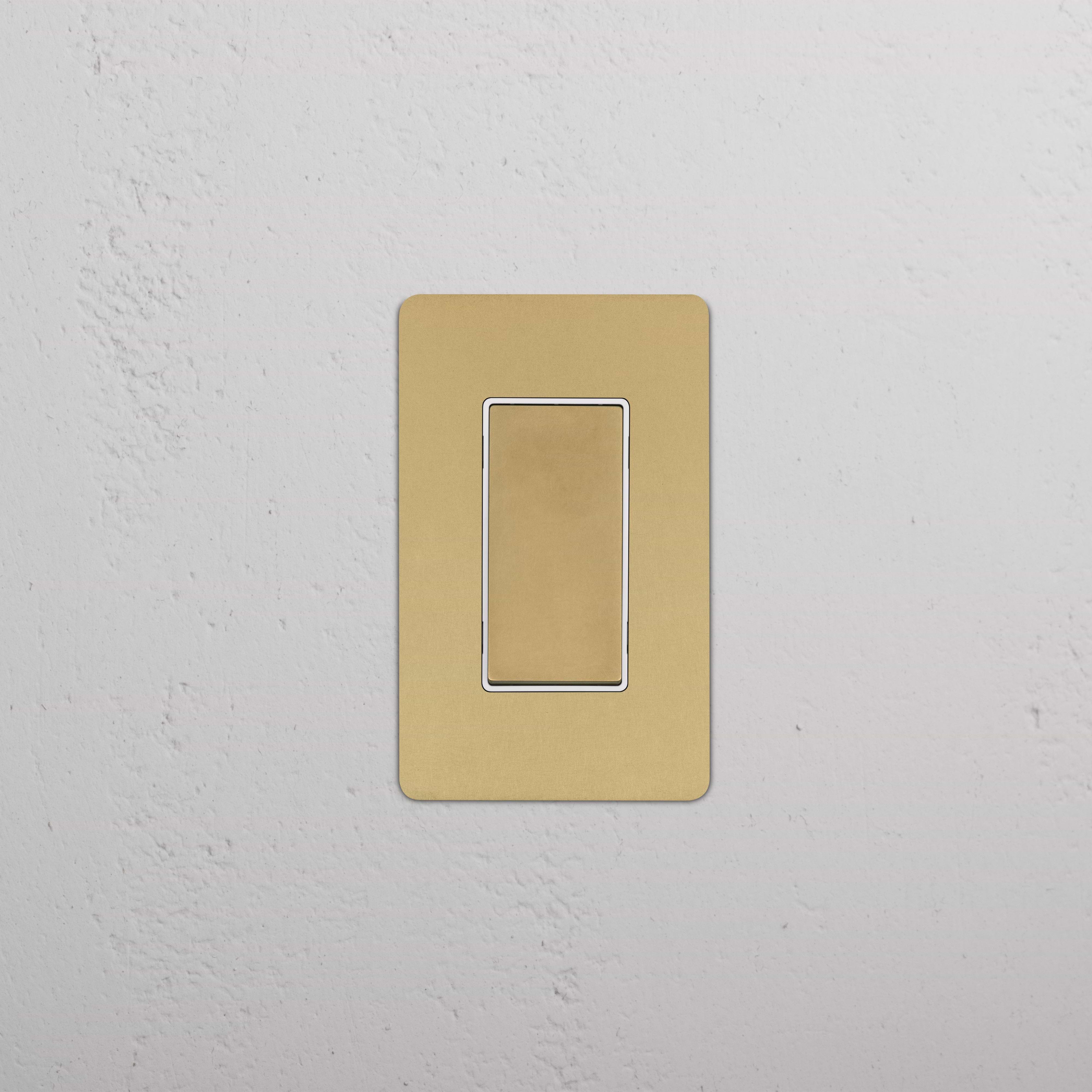 Kew 1G Rocker Switch in Antique Brass White finish mounted on a white wall.