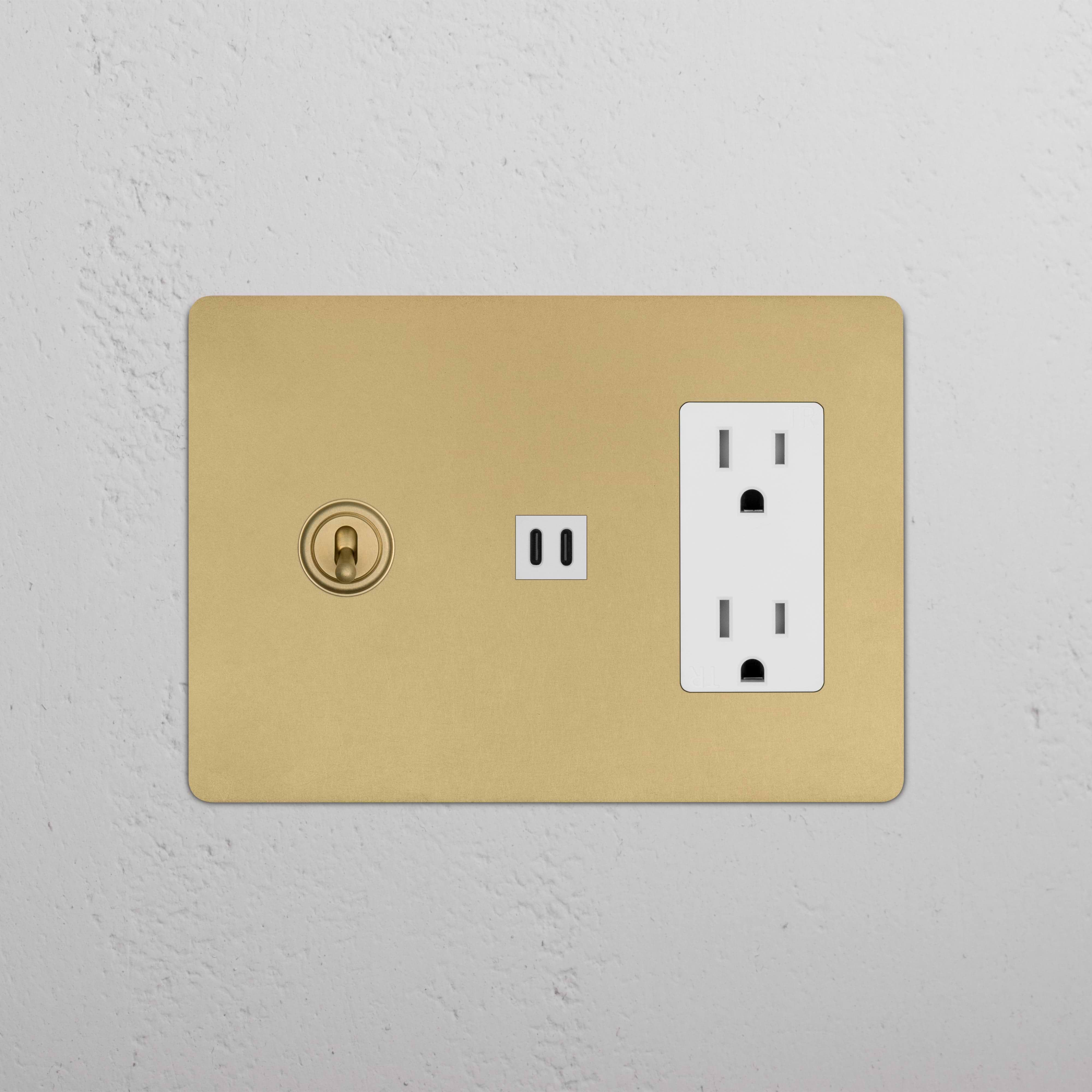 Kew 3G Toggle Switch, Outlet, and Fast Charge USB in Antique Brass White on a white wall plate.