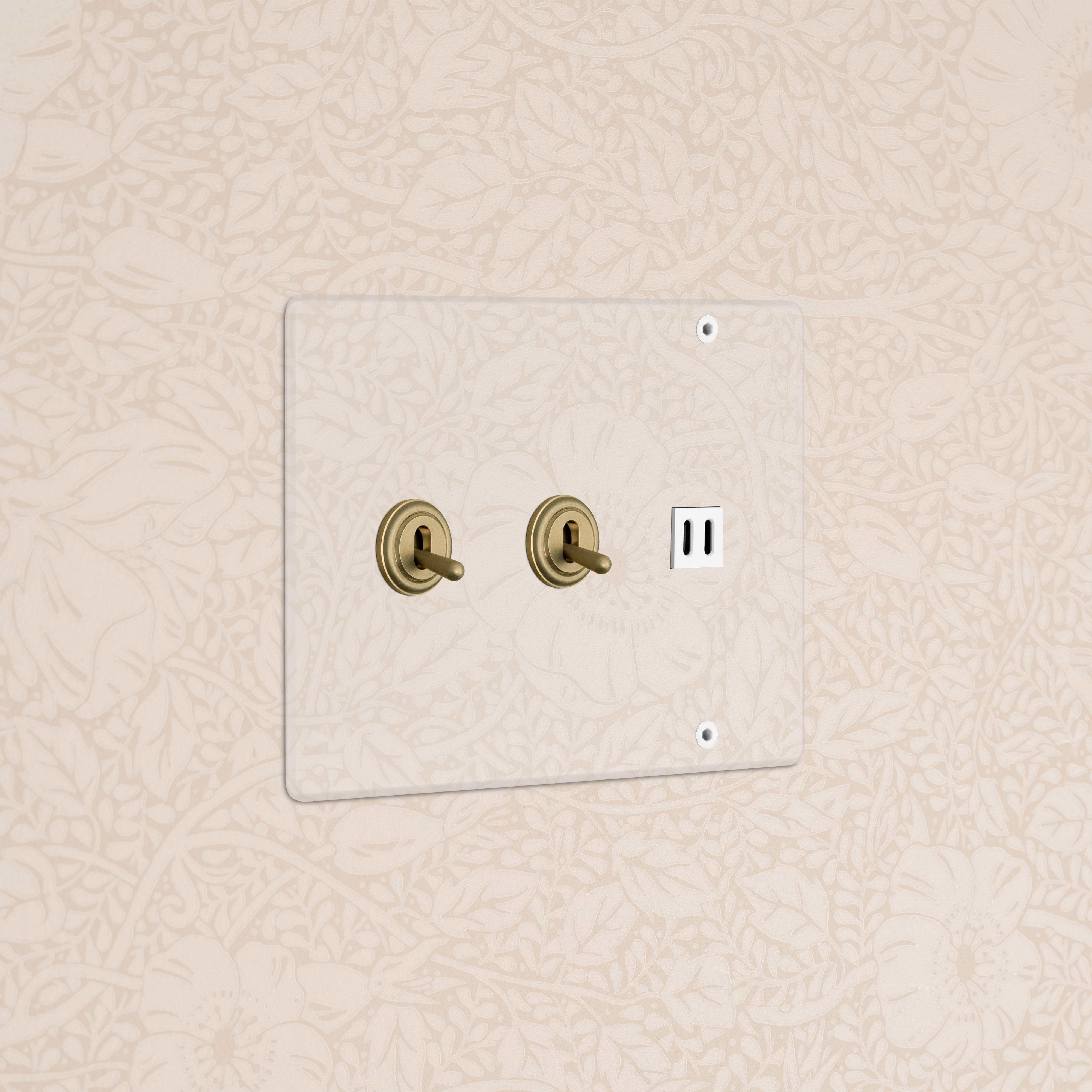 Clear antique brass and white Kew 3G toggle switch plate with two toggles and fast charge USB port.