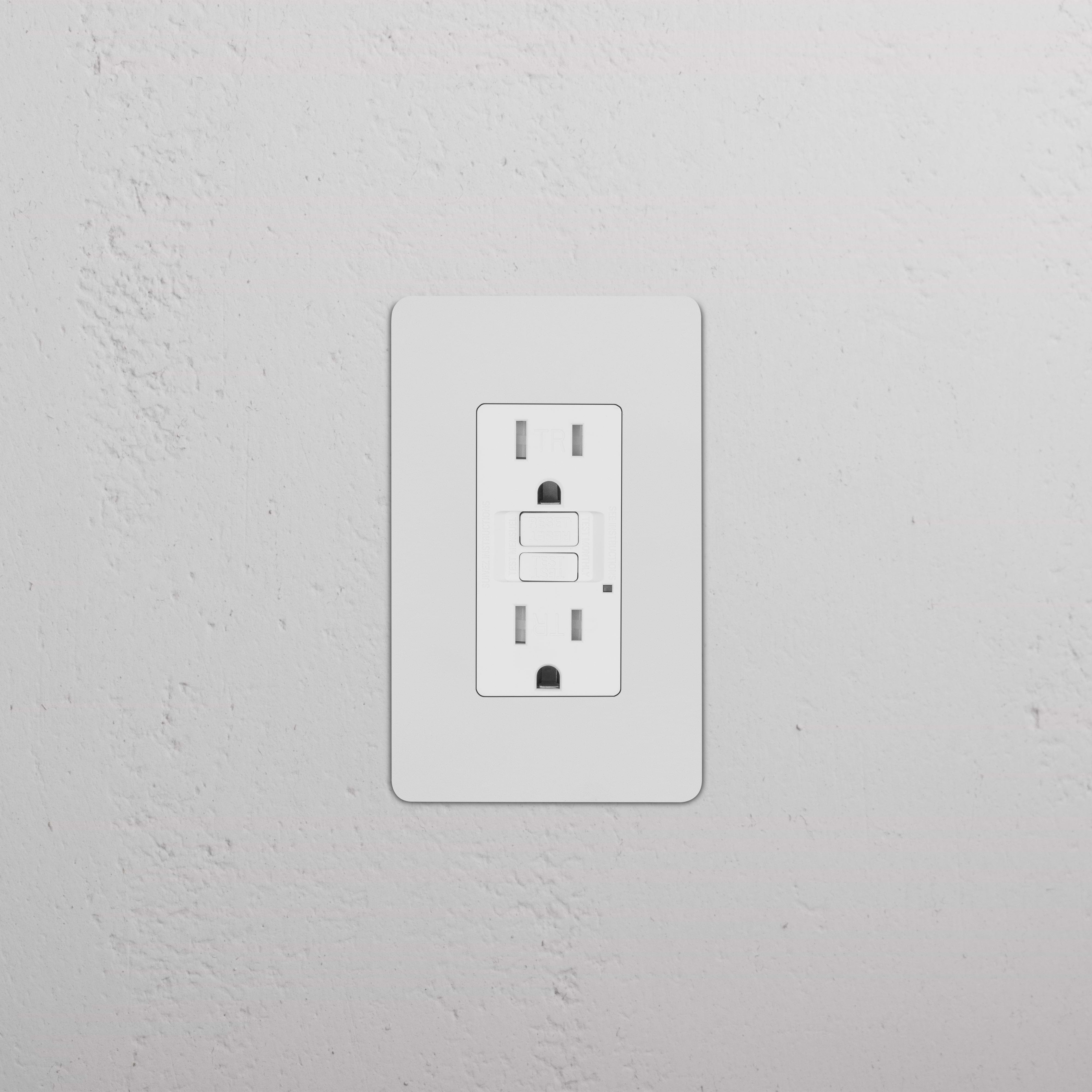 Kew 1G 15A GFCI Outlet in paintable white with two sockets and test/reset buttons, shown on a white wall.