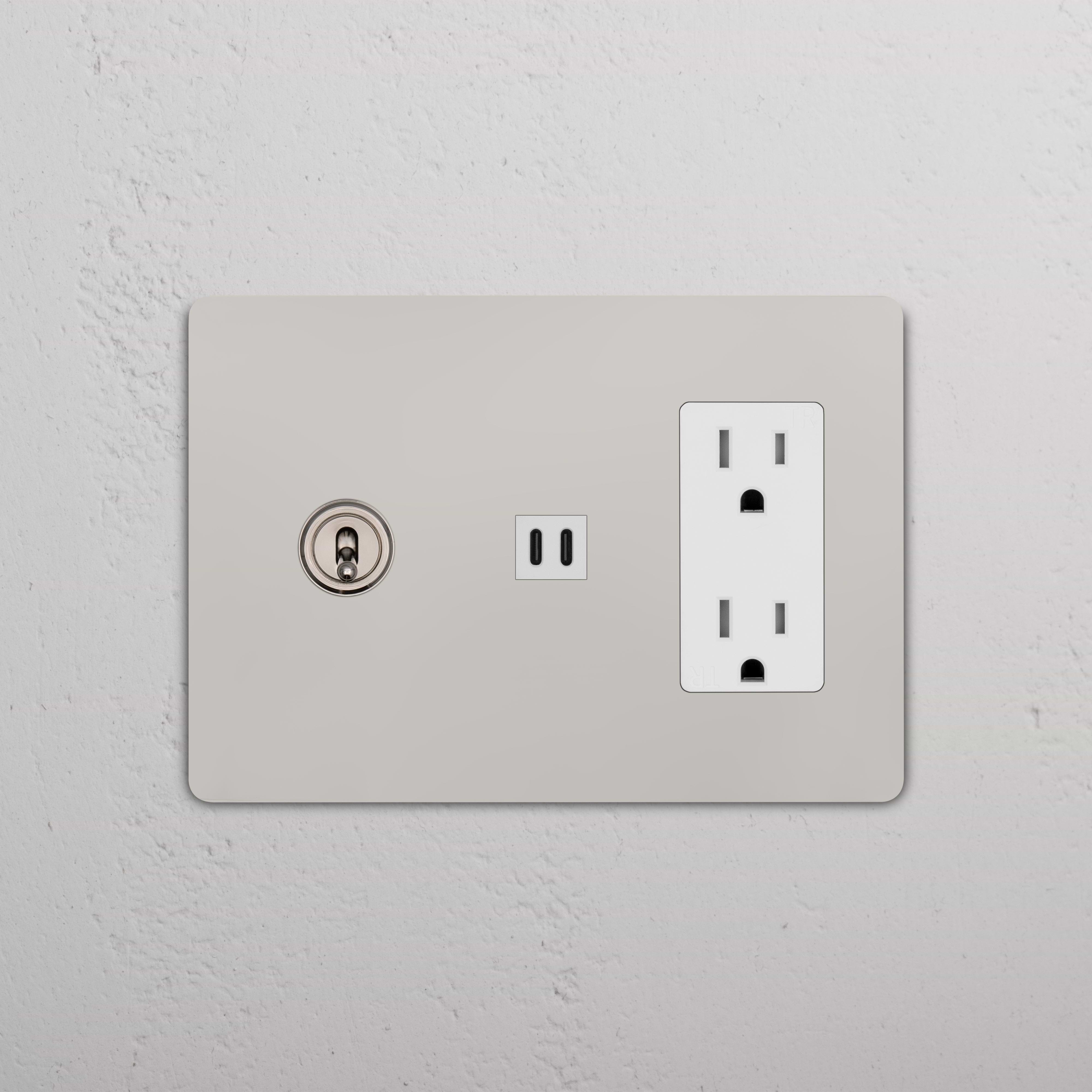 Polished nickel white Grove 3G toggle switch, standard outlet, and fast charge USB in a wall plate.