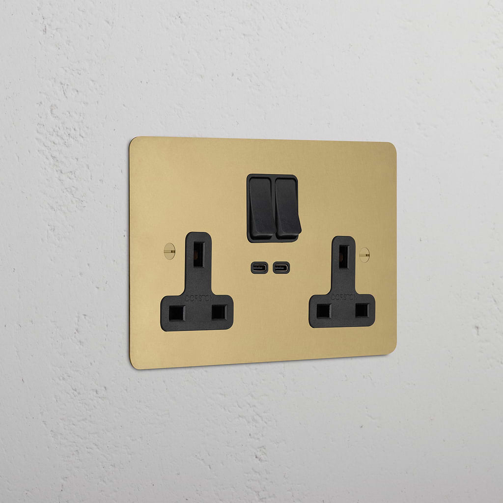Double Socket & USB-C Fast Charge Antique Brass Black | Sockets & Modules
