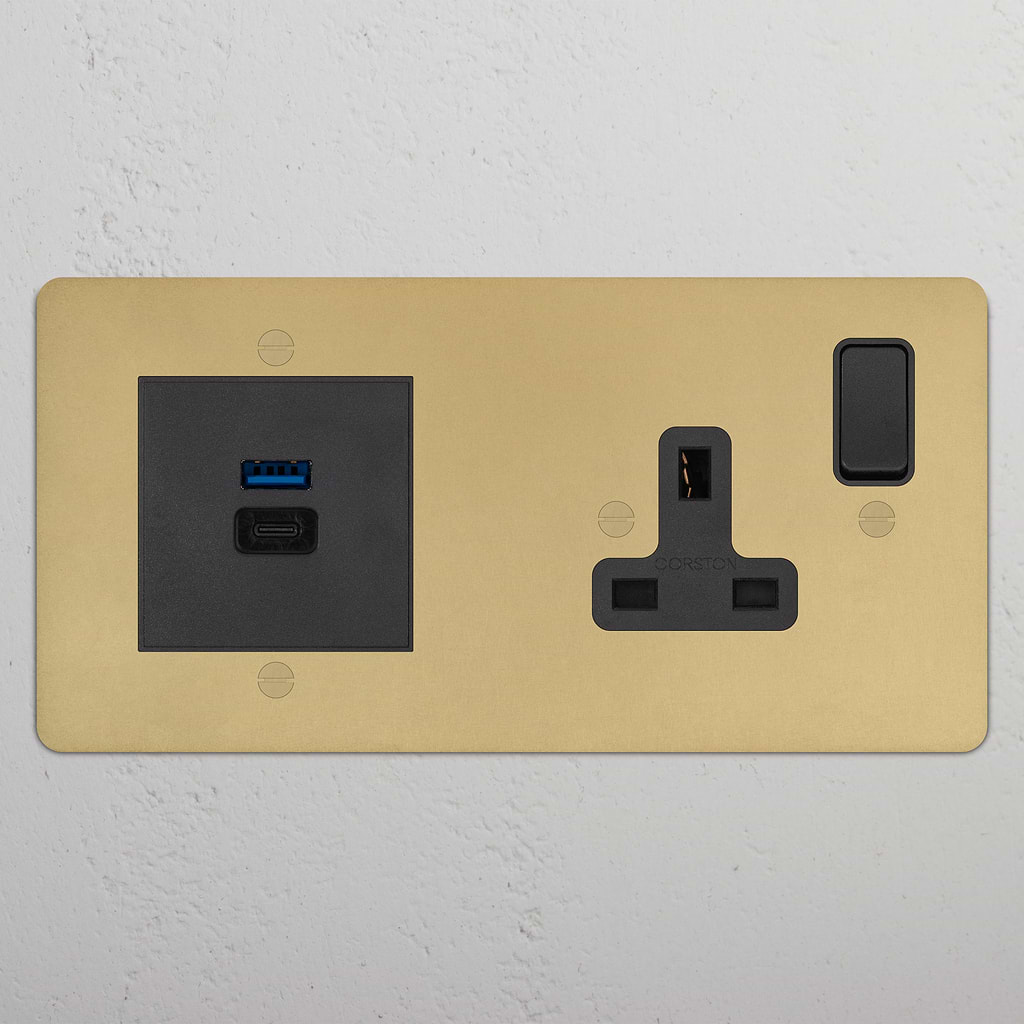 Single Socket & USB-C Fast Charge Antique Brass Black | Sockets & Modules