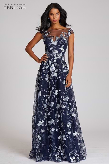 Floral Embroidered Tulle One Shoulder Gown