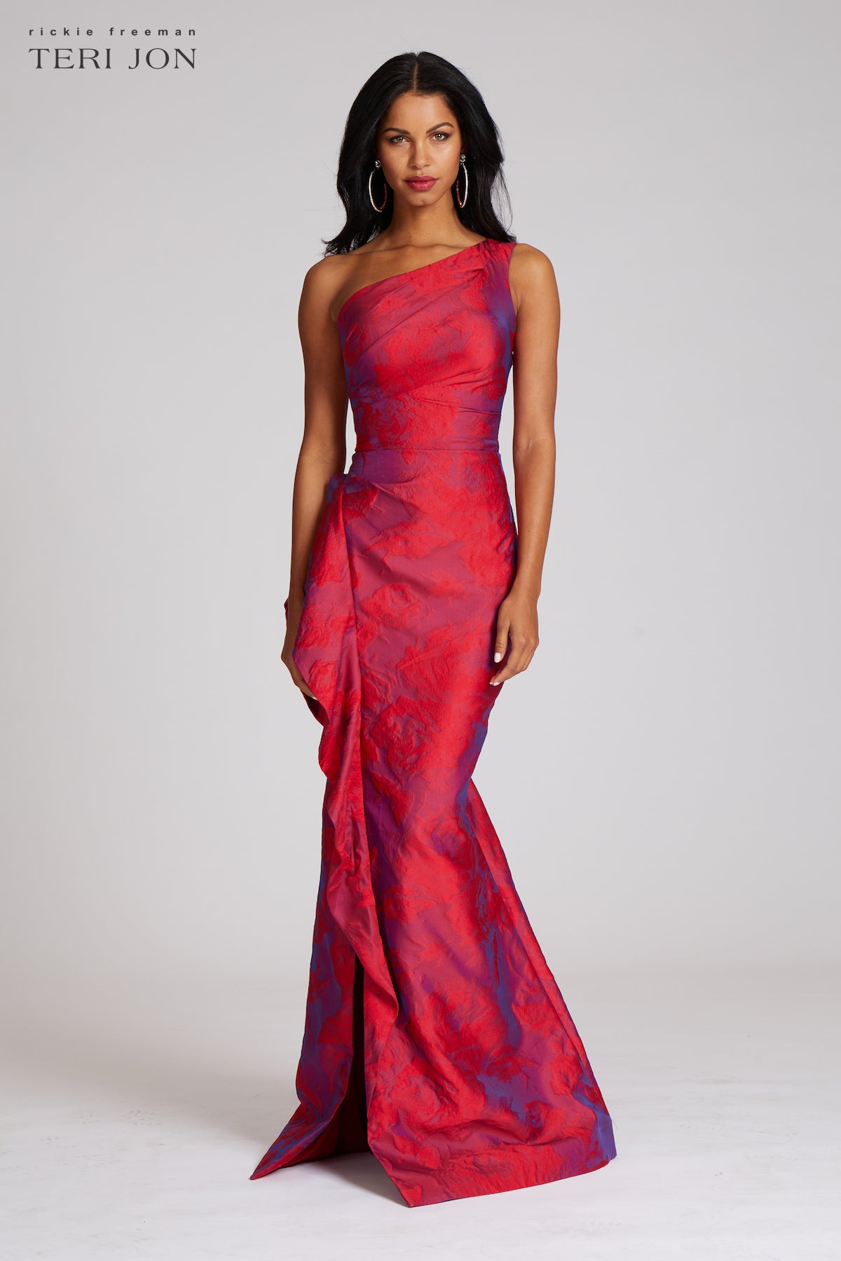 Jacquard One Shoulder Side Ruffle Gown