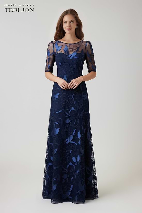 Teri Jon Embroidered Tulle Elbow Sleeve A Line Gown Size 10 Teri Jon Embroidered Tulle Elbow Sleeve A Line Gown Size 10