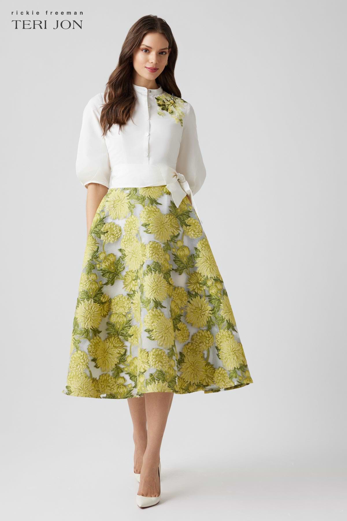 Cotton Mandarin Collar Midi Flower Shirt Dress