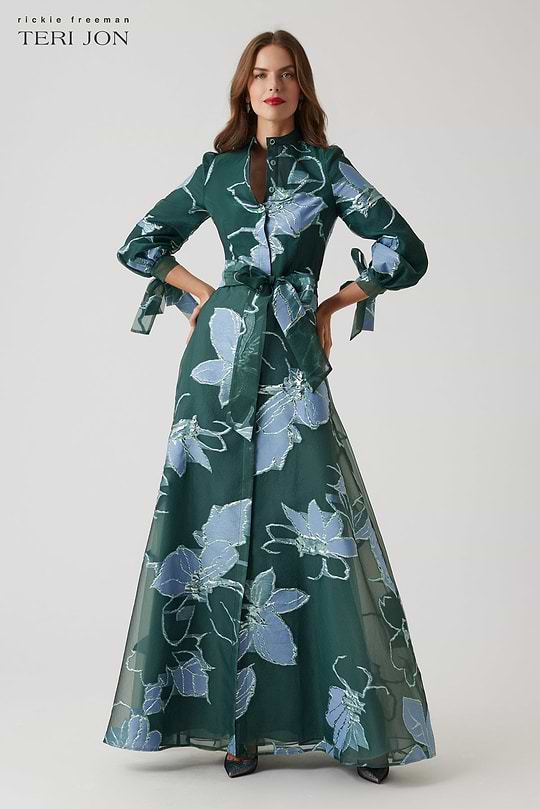 Metallic Shirt Waist Organza Gown