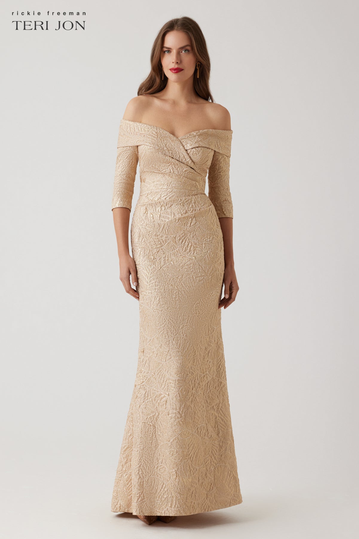 【新品】Crillon Crystal Pearl Jaquard Dress Karessa: Long Sleeve Off the Shoulder Ball Gown with