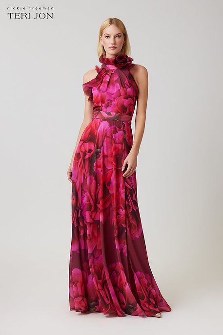Chiffon Cloud Print Mock Neck Halter Drop Waist Gown