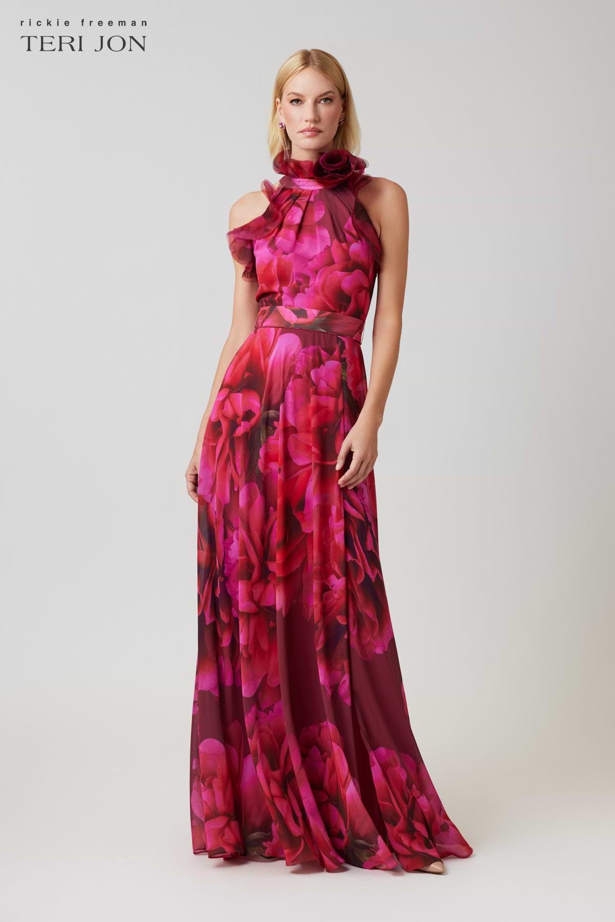 Chiffon Cloud Print Mock Neck Halter Drop Waist Gown