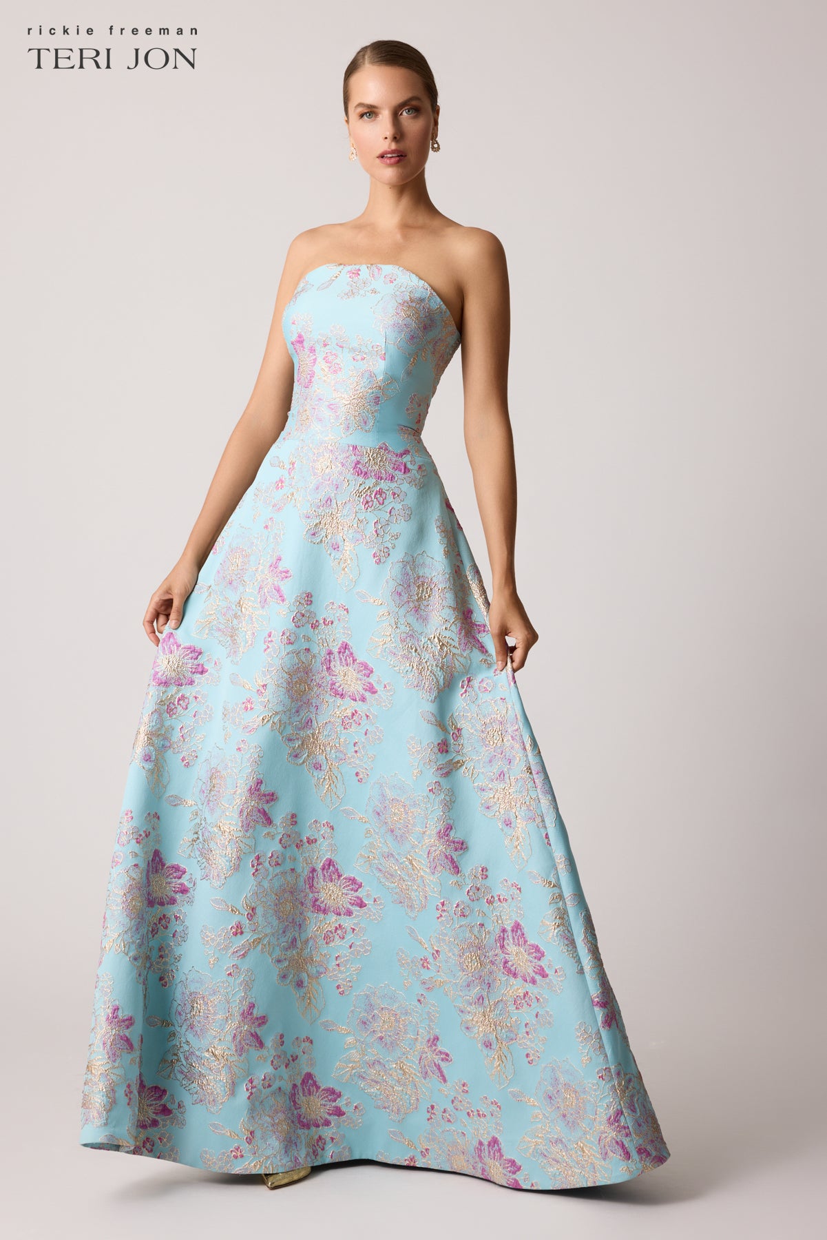 Jacquard One Shoulder Side Ruffle Gown