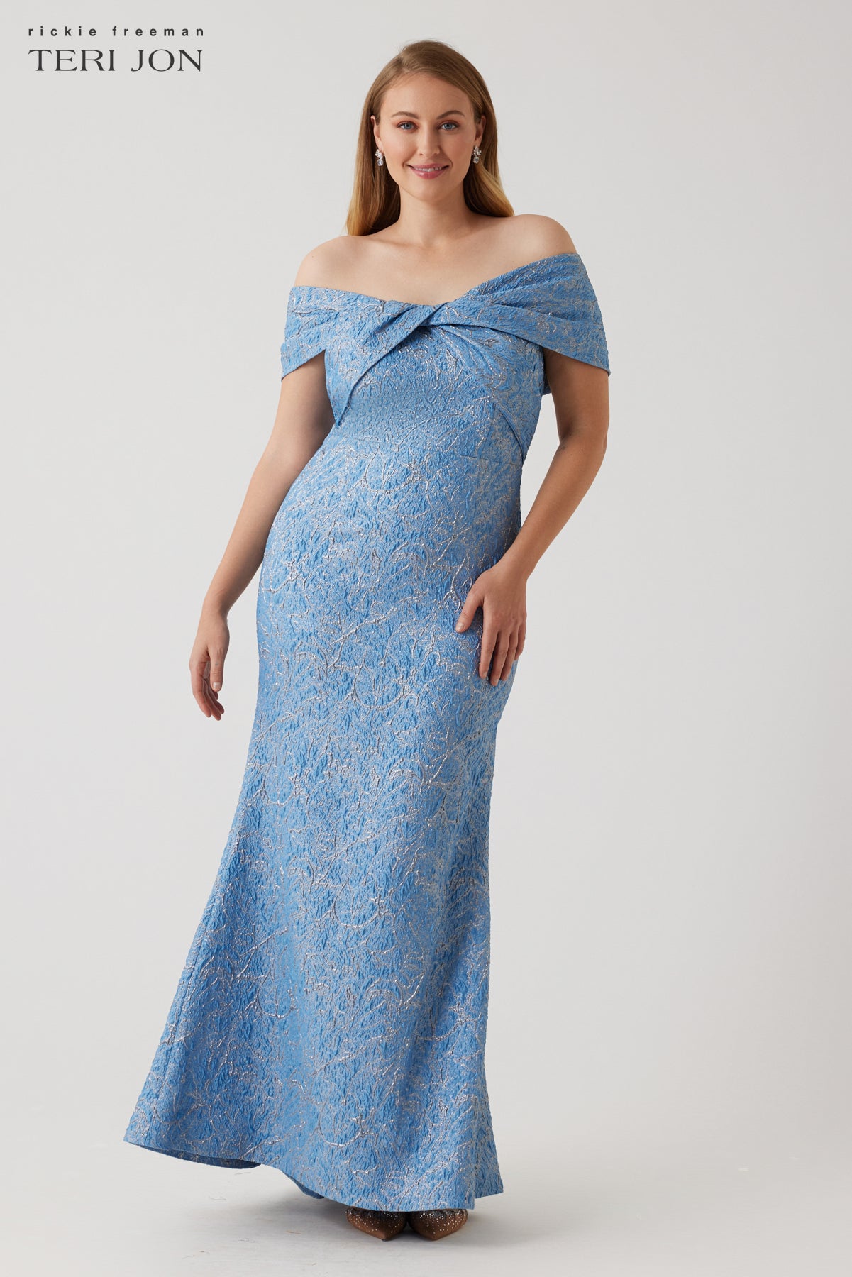 Off The Shoulder Metallic Jacquard A-Line Gown