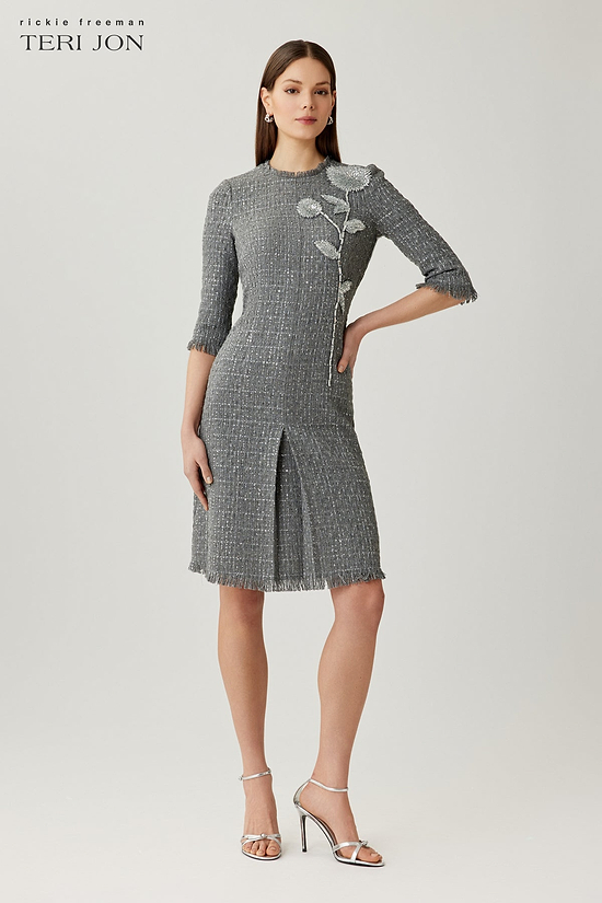 thurley tweed pleated dress Black Thurley dress with gold studs, featuring a